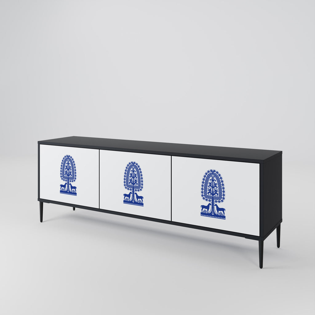 POLISH FOLK ART Móvel de TV com 3 Portas em Acabamento Preto