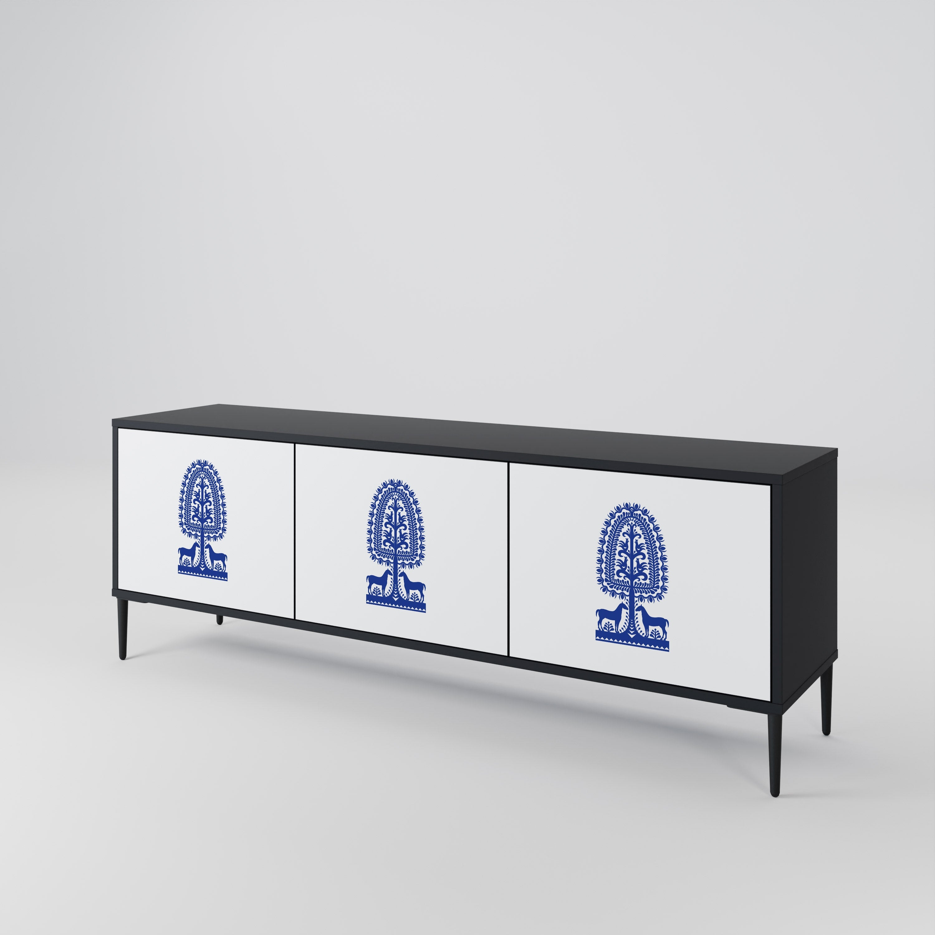 POLISH FOLK ART Móvel de TV com 3 Portas em Acabamento Preto