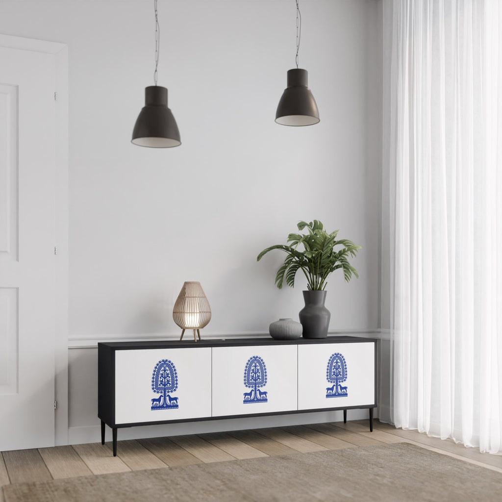 POLISH FOLK ART Móvel de TV com 3 Portas em Acabamento Preto