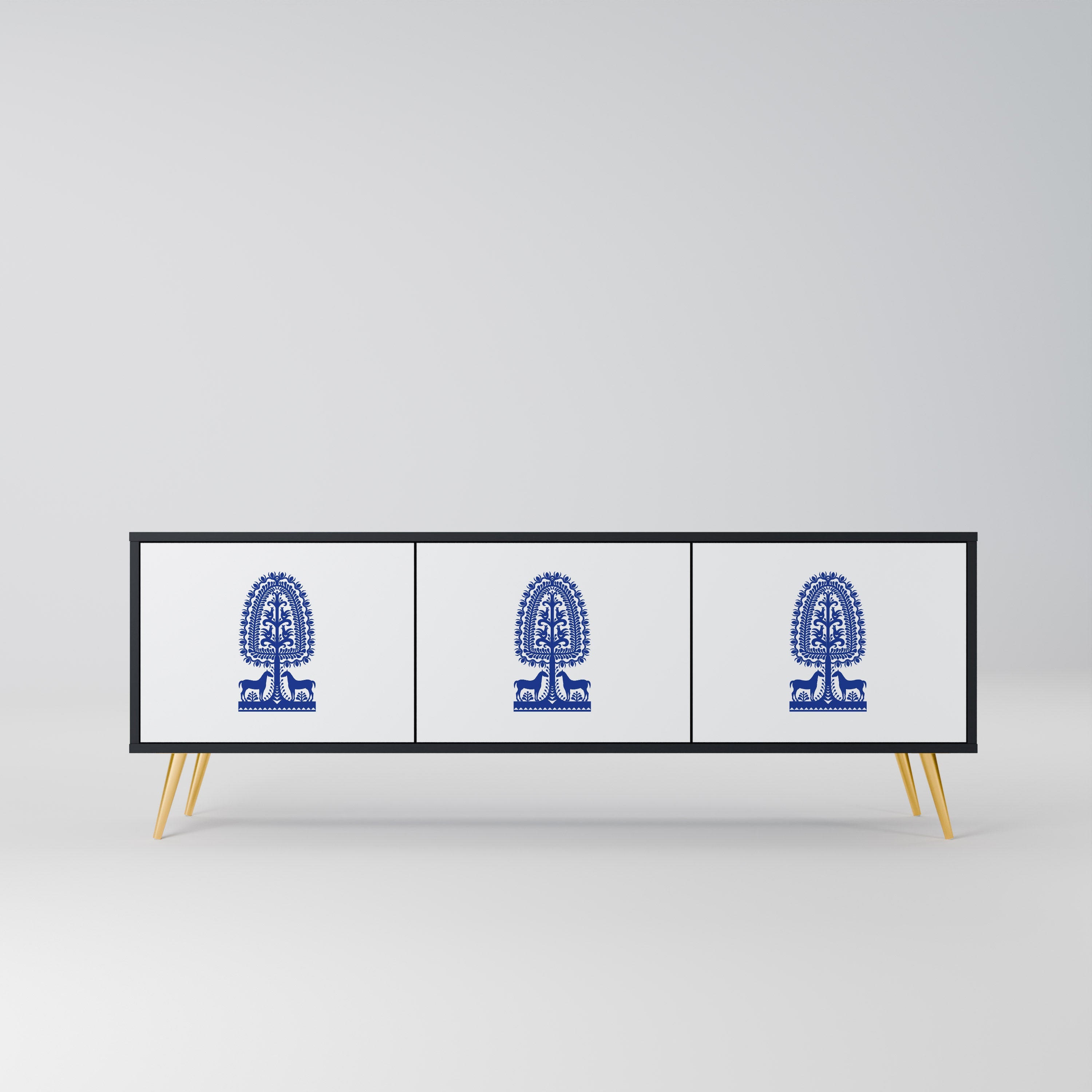 POLISH FOLK ART Móvel de TV com 3 Portas em Acabamento Preto