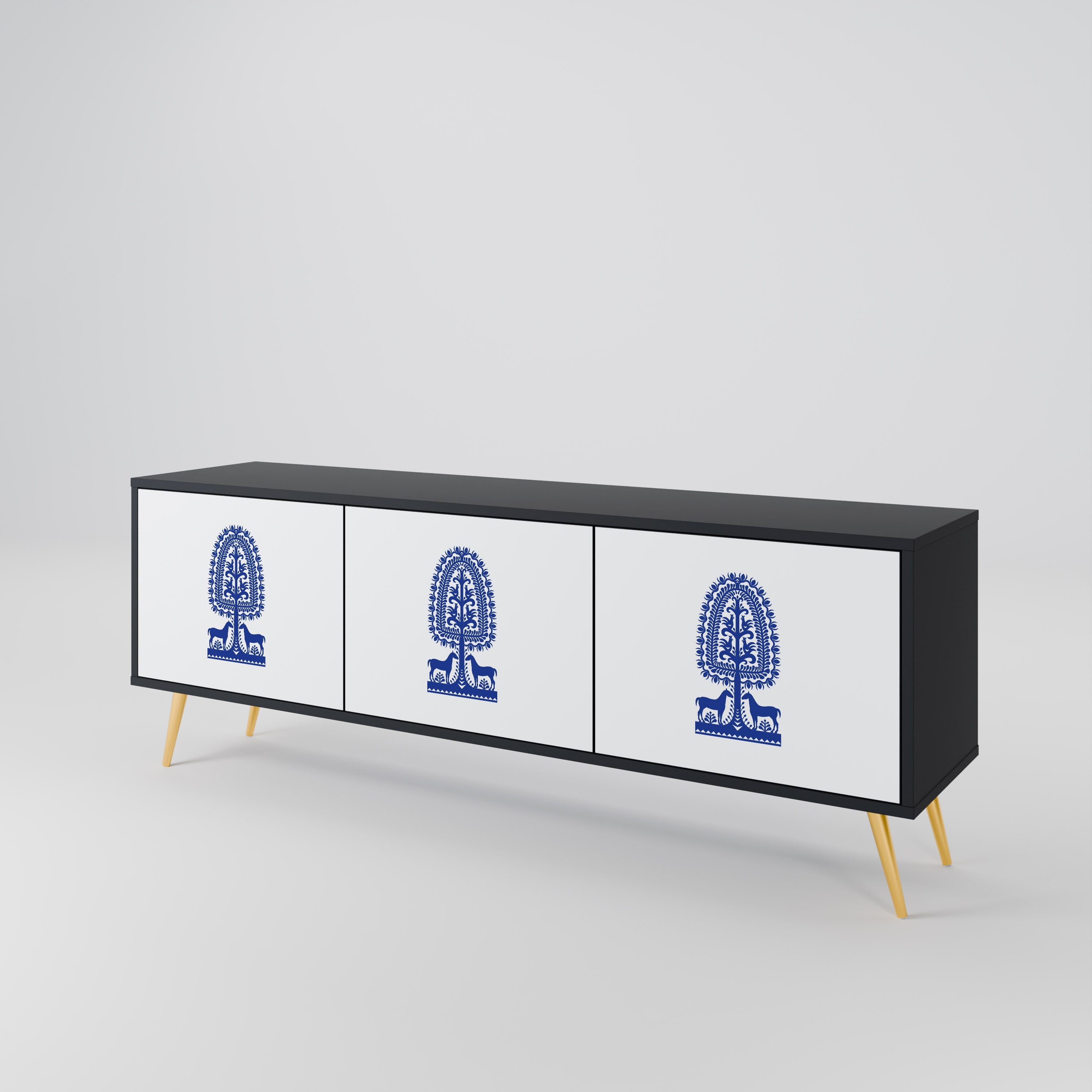 POLISH FOLK ART Móvel de TV com 3 Portas em Acabamento Preto