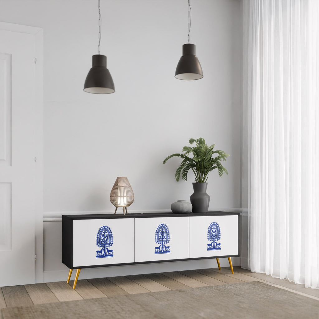 POLISH FOLK ART Móvel de TV com 3 Portas em Acabamento Preto