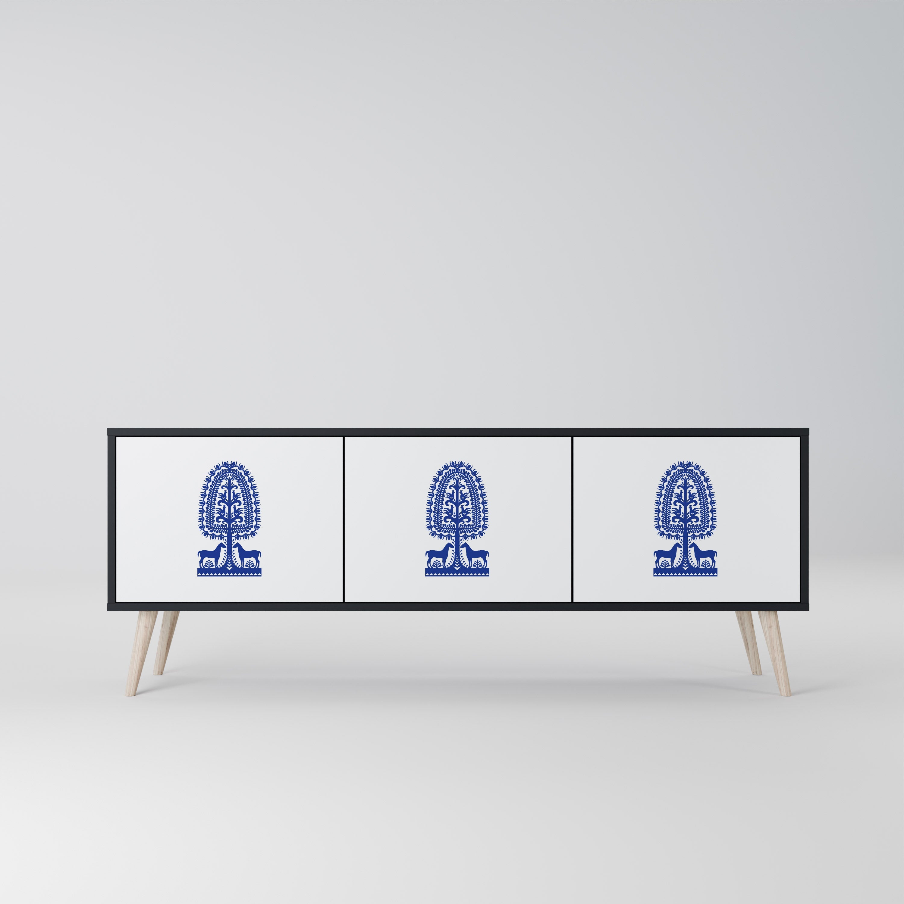 POLISH FOLK ART Móvel de TV com 3 Portas em Acabamento Preto