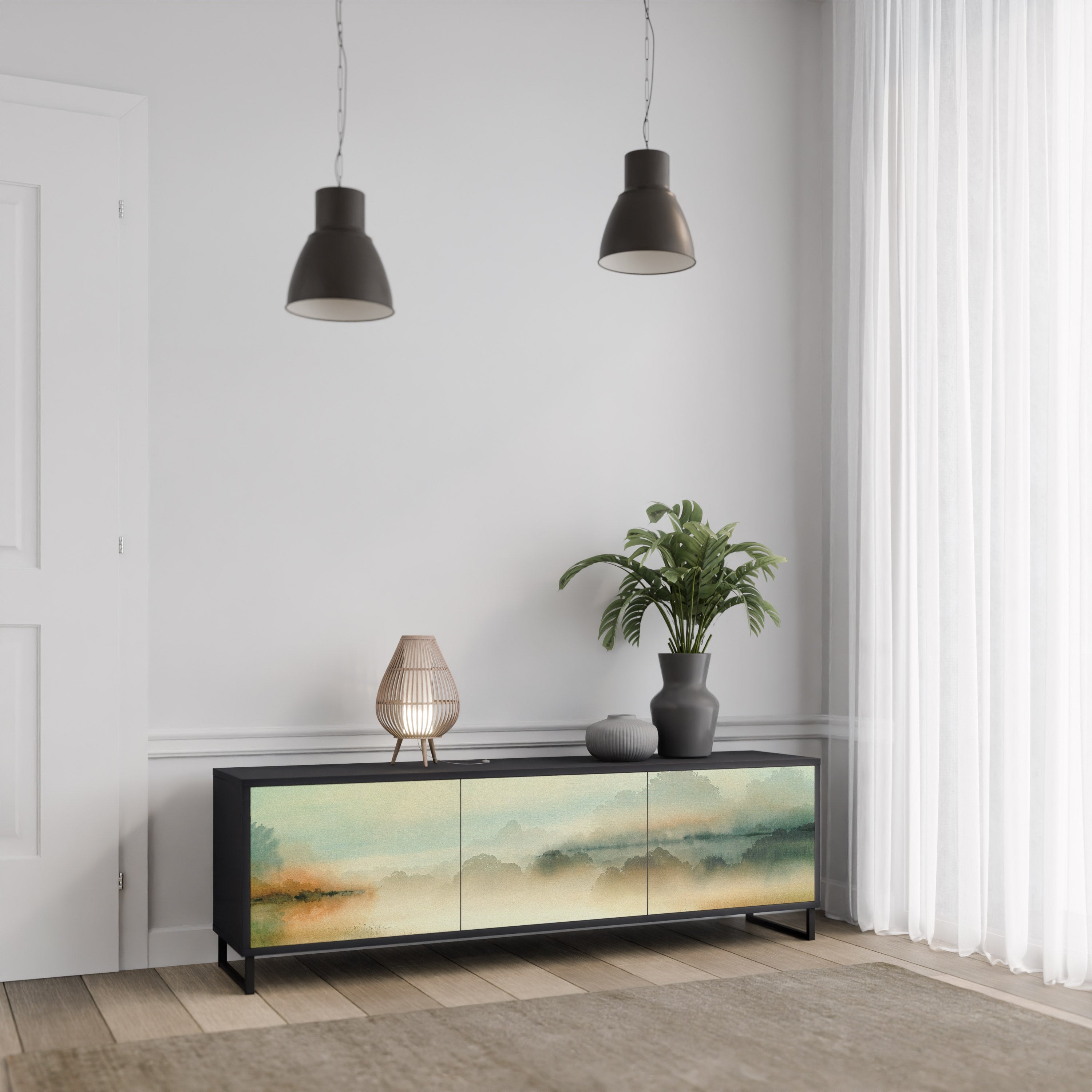 MORNING BY THE LAKE Móvel de TV com 3 Portas em Acabamento Preto