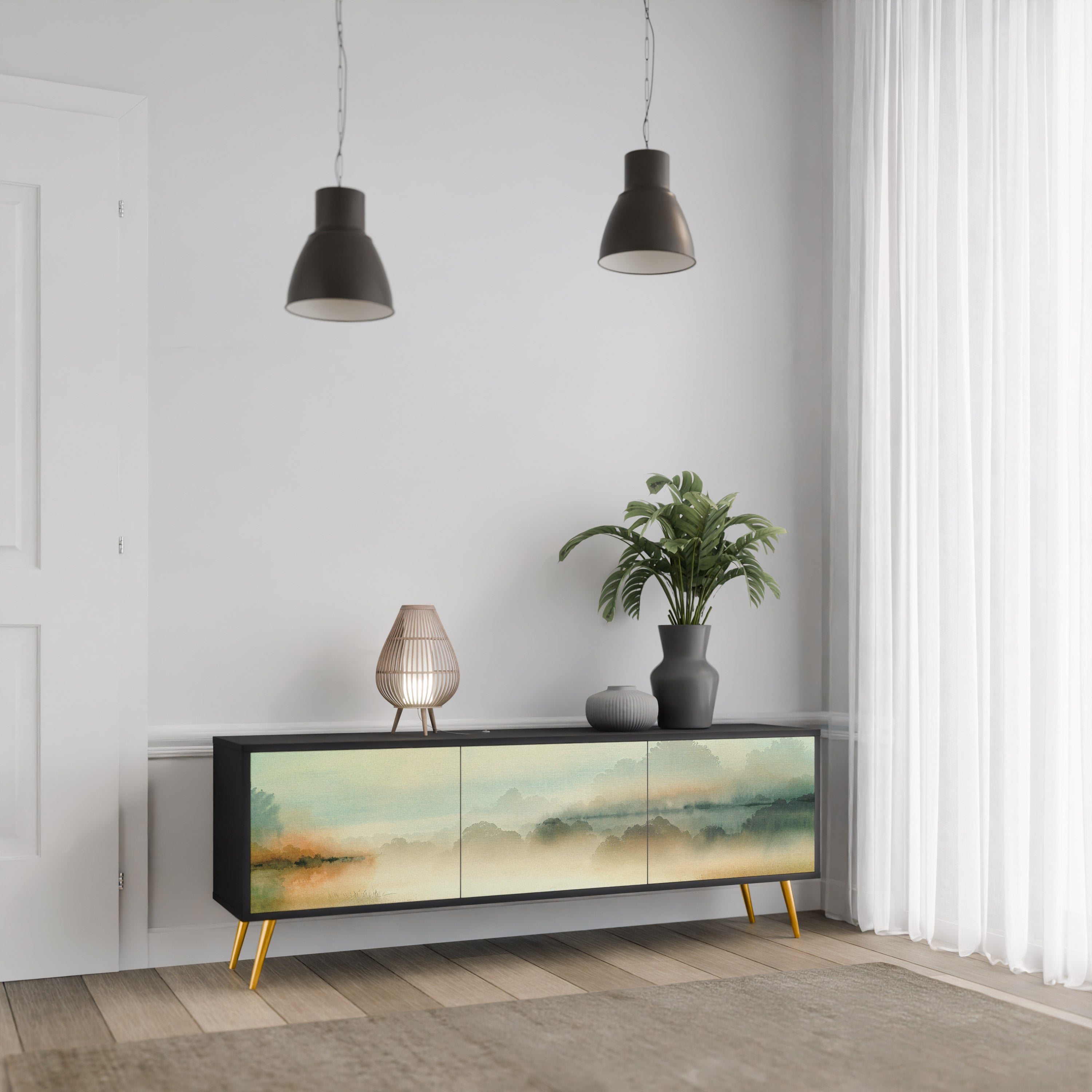 MORNING BY THE LAKE Móvel de TV com 3 Portas em Acabamento Preto