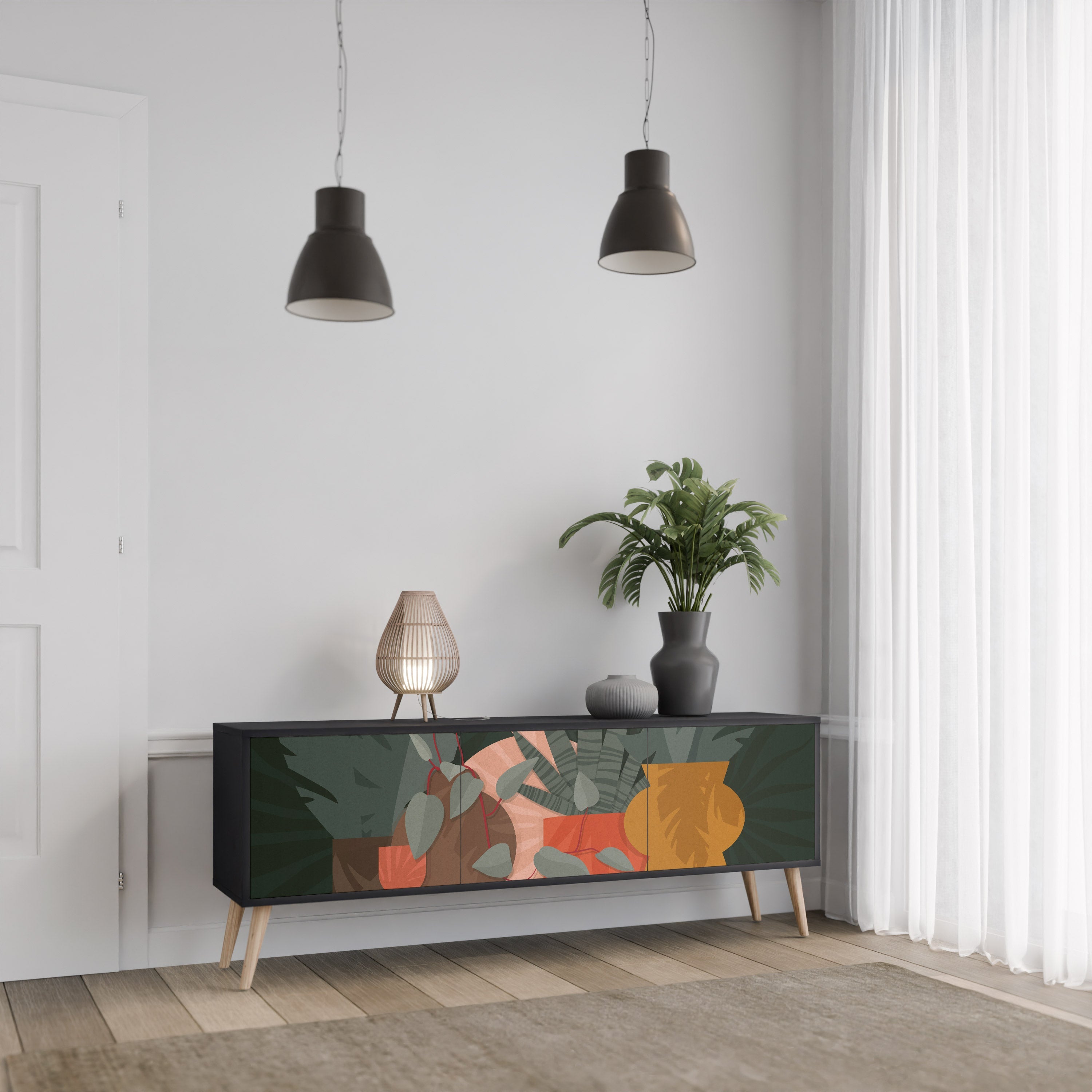 TROPICAL COMPOSITION 3-Door TV Stand in Black Finish