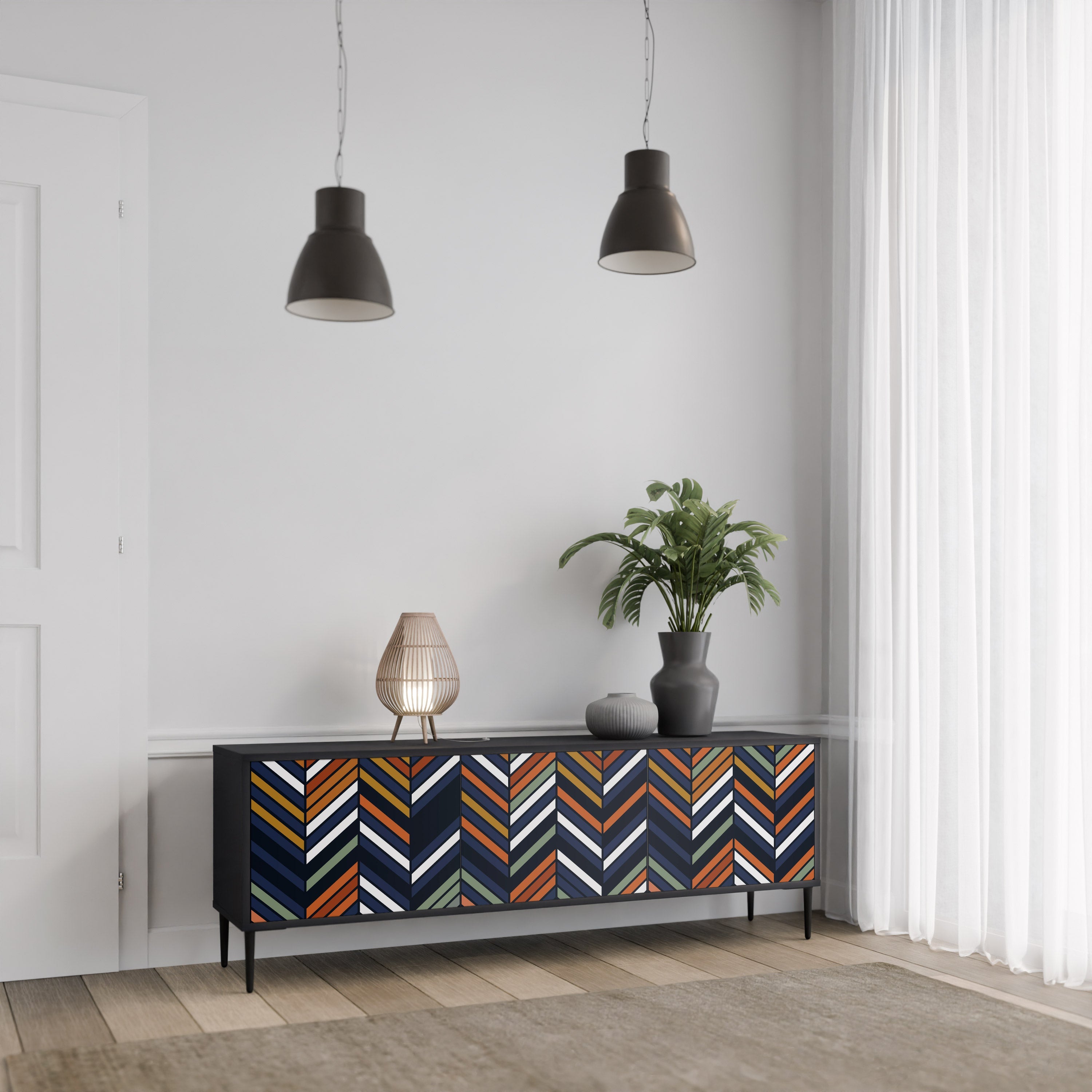 VIBRANT PATCHWORK Móvel de TV com 3 Portas em Acabamento Preto