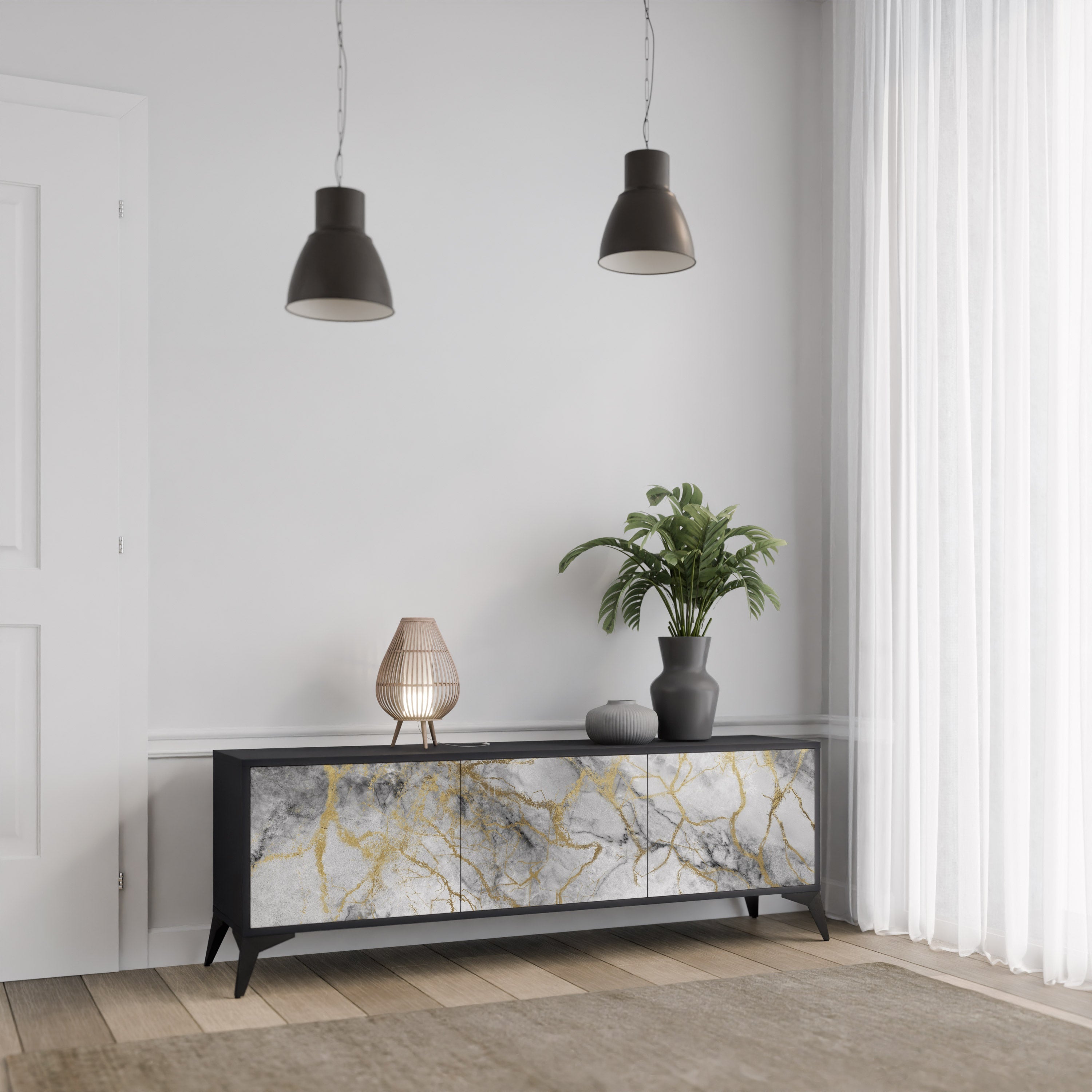 TIMELESS GLIDE Móvel de TV com 3 Portas em Acabamento Preto