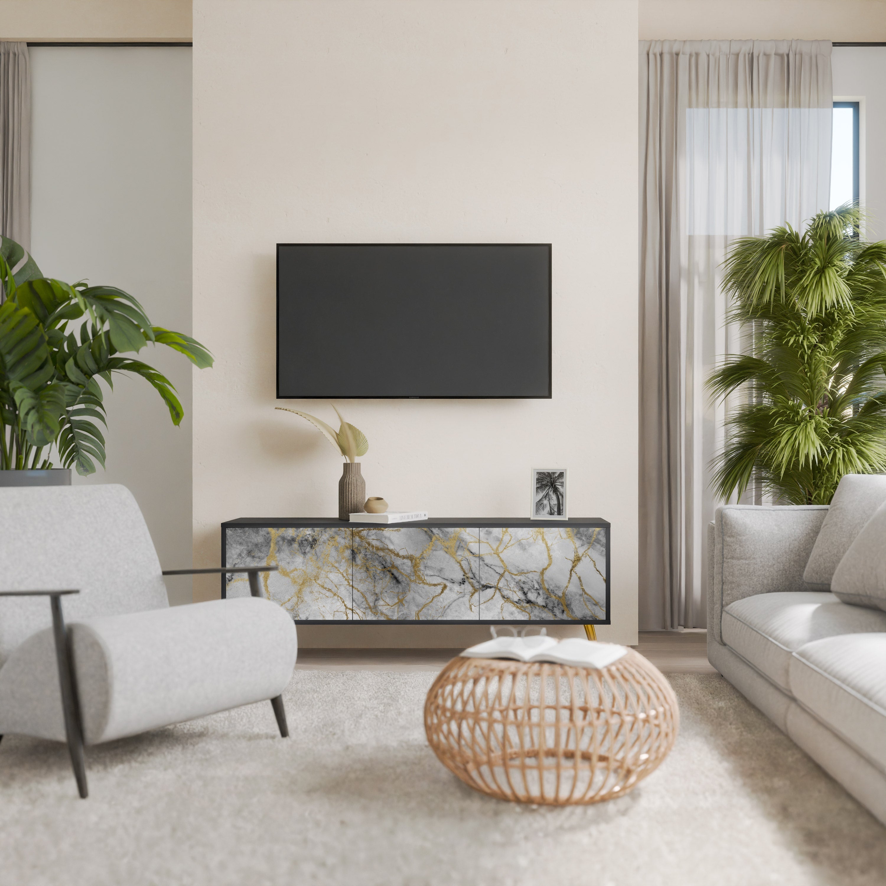 TIMELESS GLIDE Móvel de TV com 3 Portas em Acabamento Preto