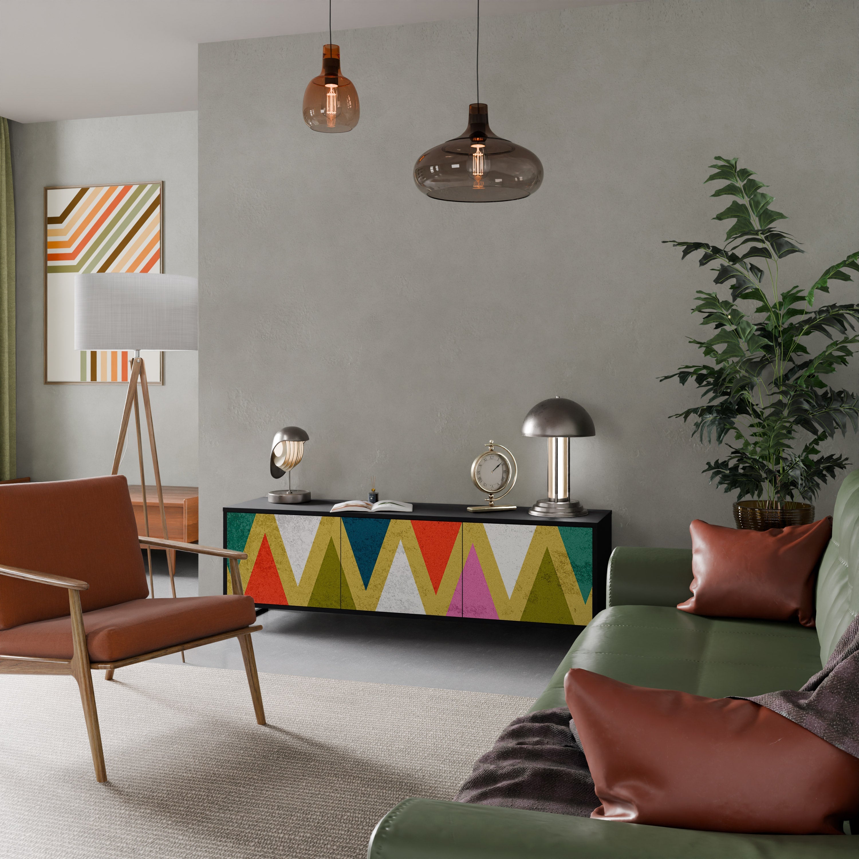 COLORFUL TRIANGLES Móvel de TV com 3 Portas em Acabamento Preto