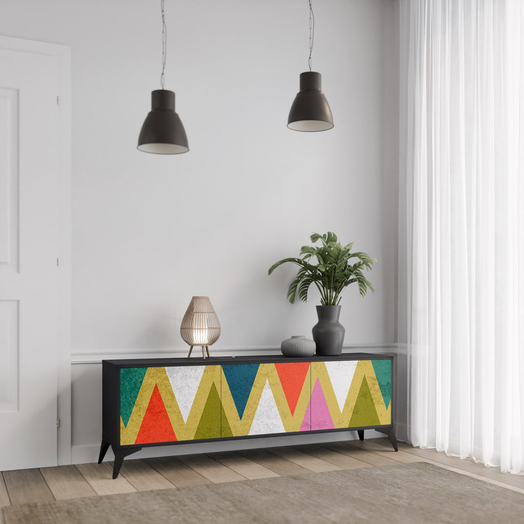 COLORFUL TRIANGLES Móvel de TV com 3 Portas em Acabamento Preto