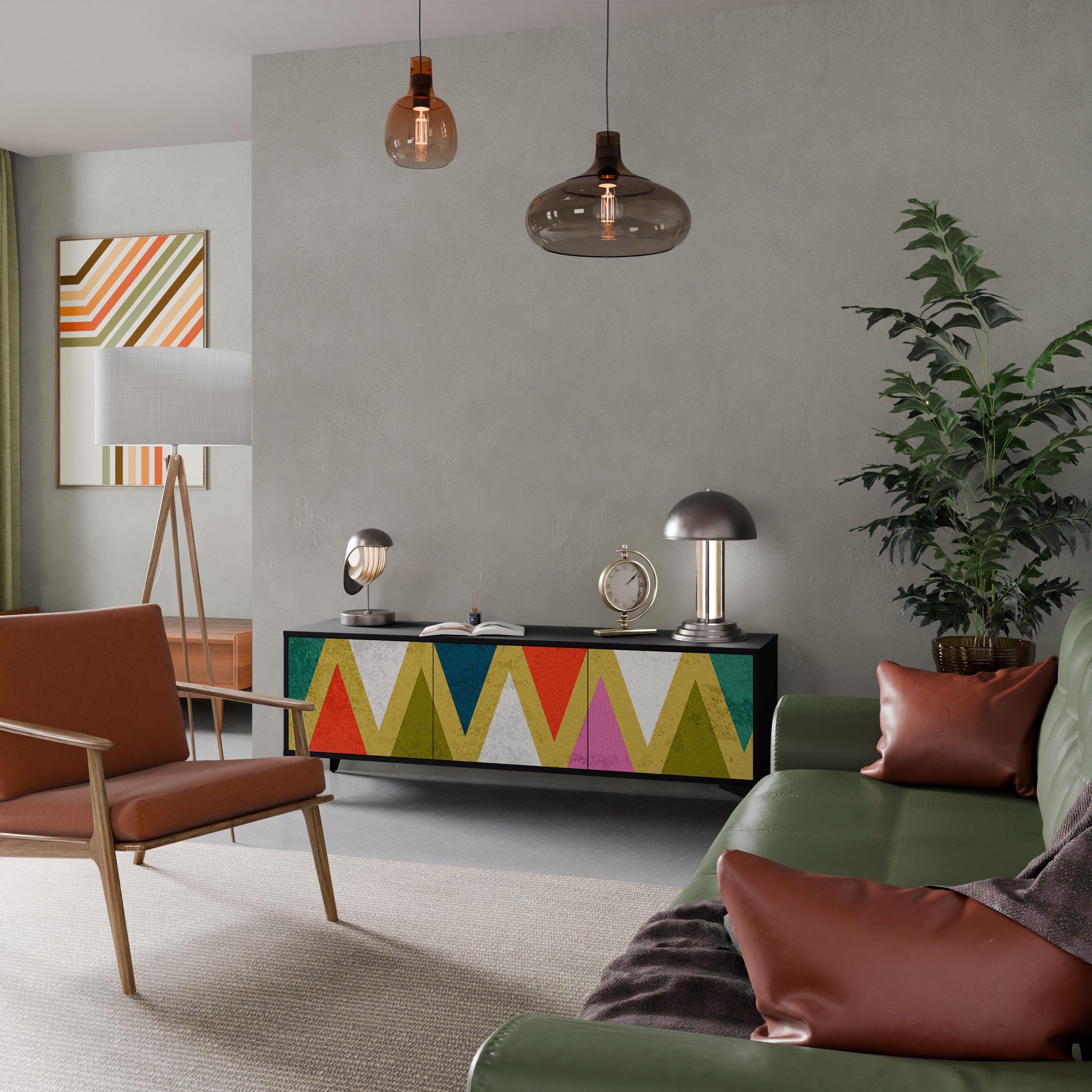 COLORFUL TRIANGLES Móvel de TV com 3 Portas em Acabamento Preto