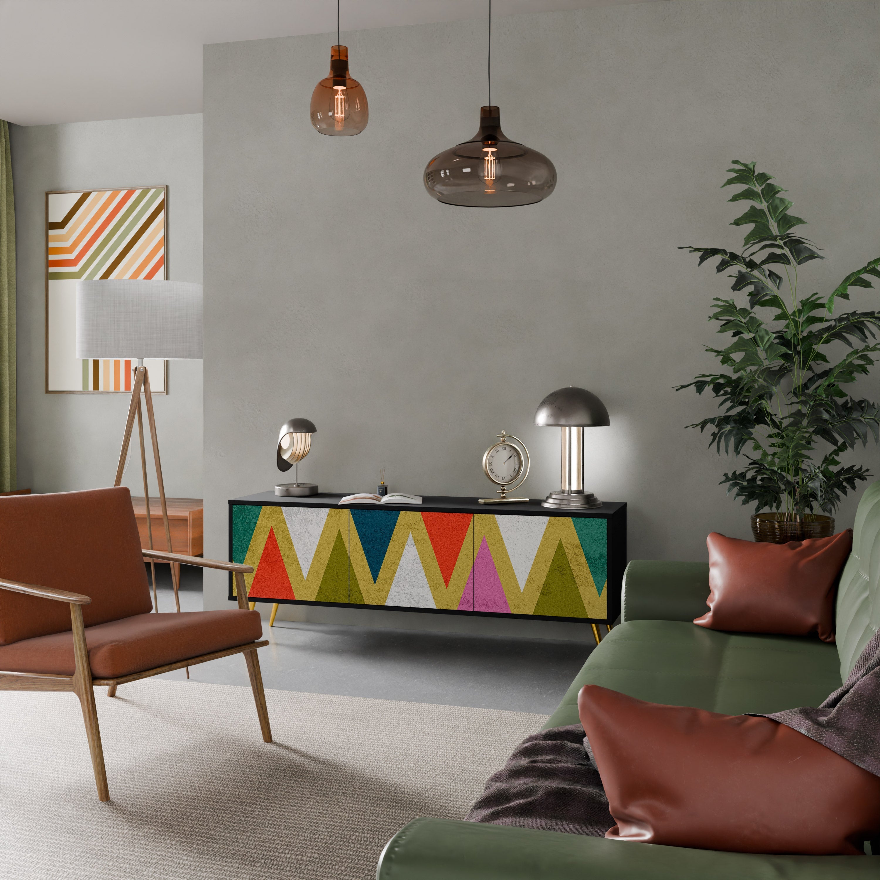 COLORFUL TRIANGLES Móvel de TV com 3 Portas em Acabamento Preto