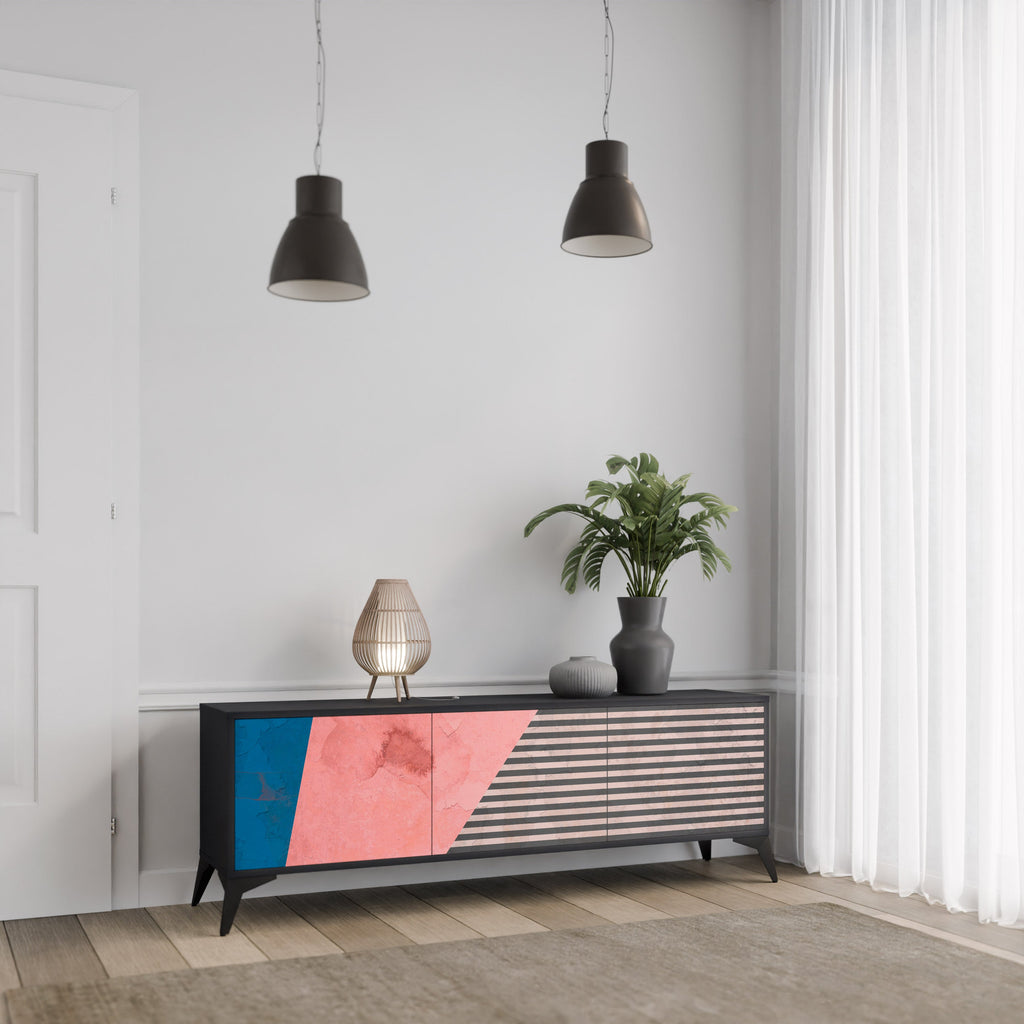 GLAMOROUS STRIPE Móvel de TV com 3 Portas em Acabamento Preto