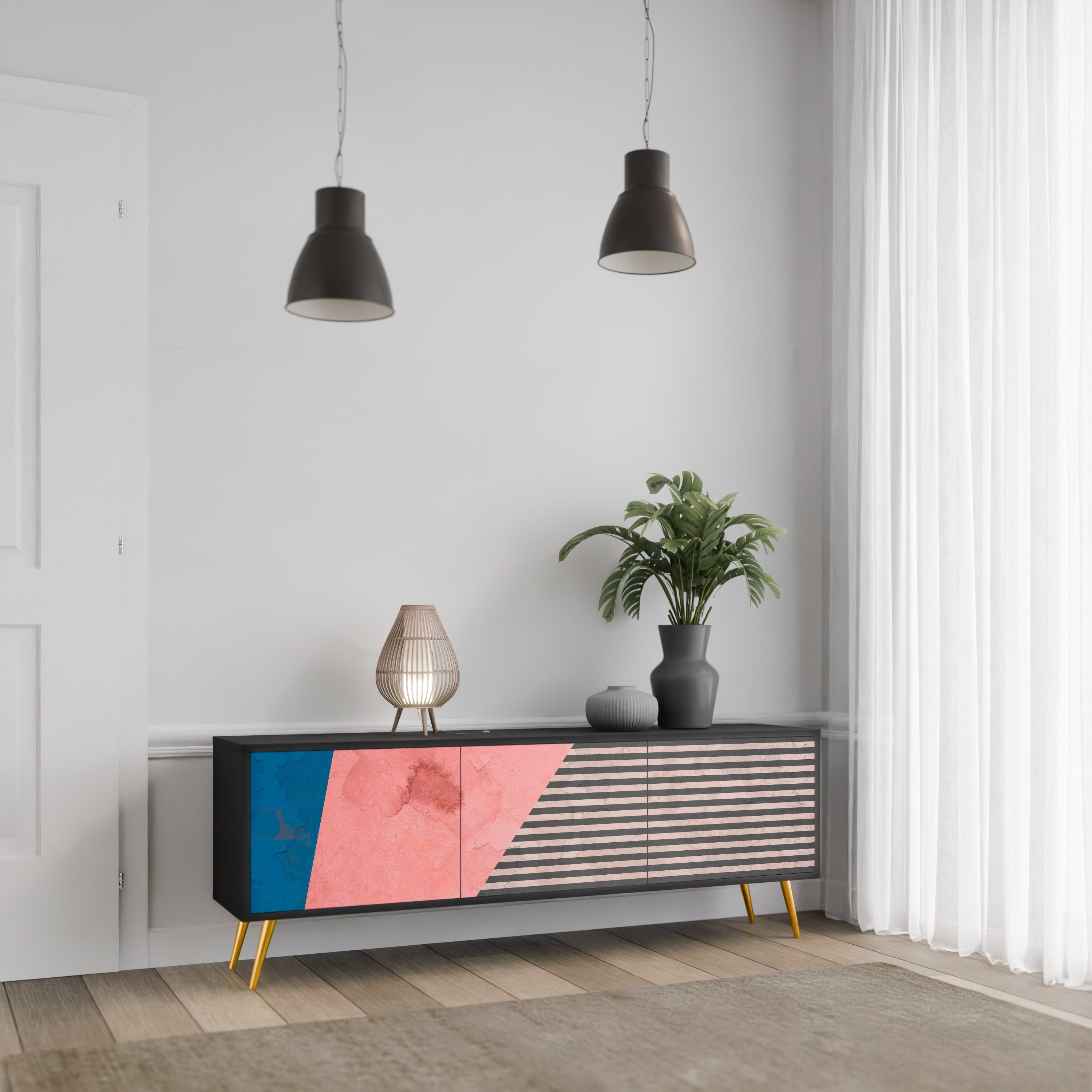 GLAMOROUS STRIPE Móvel de TV com 3 Portas em Acabamento Preto