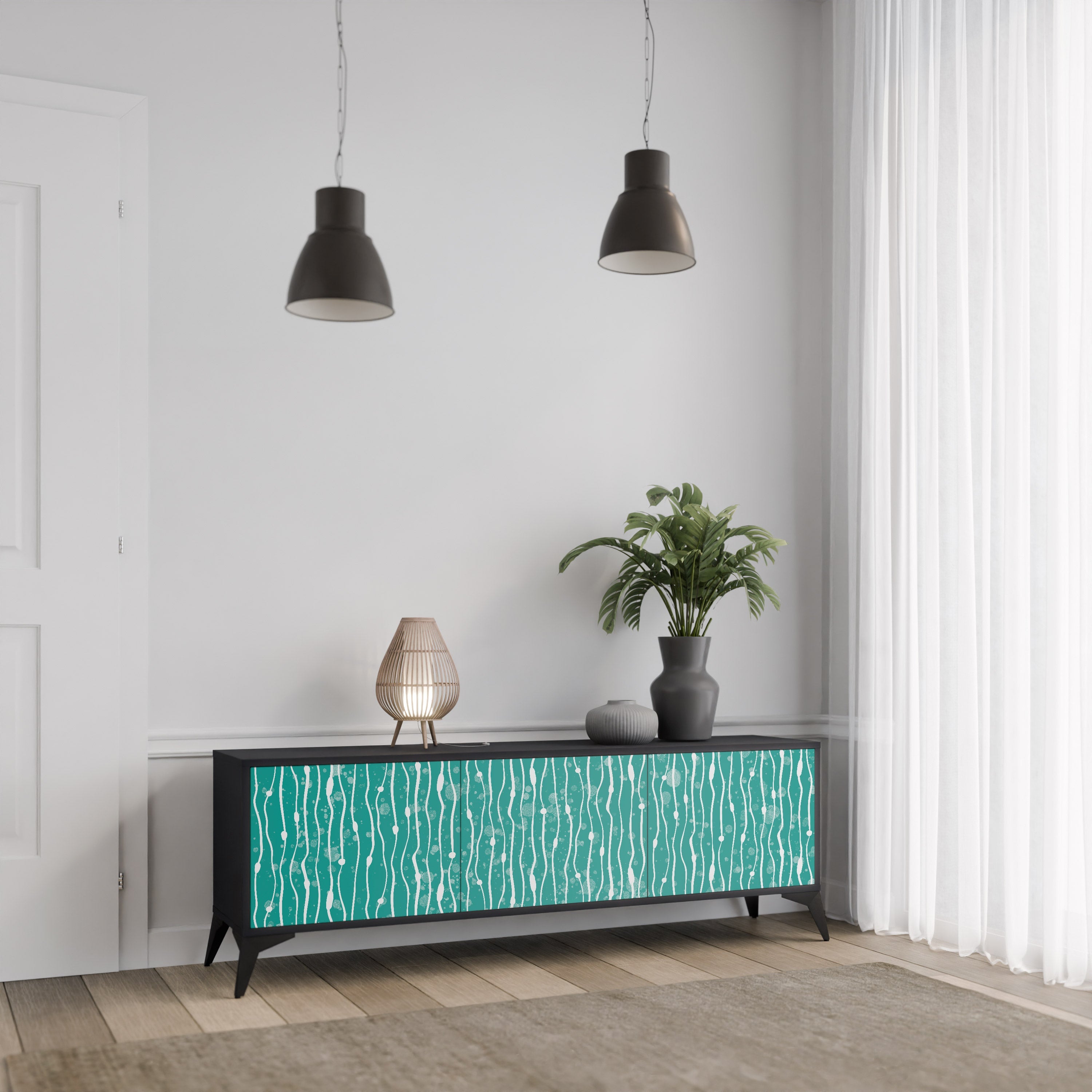 TURQUOISE RAIN Móvel de TV com 3 Portas em Acabamento Preto