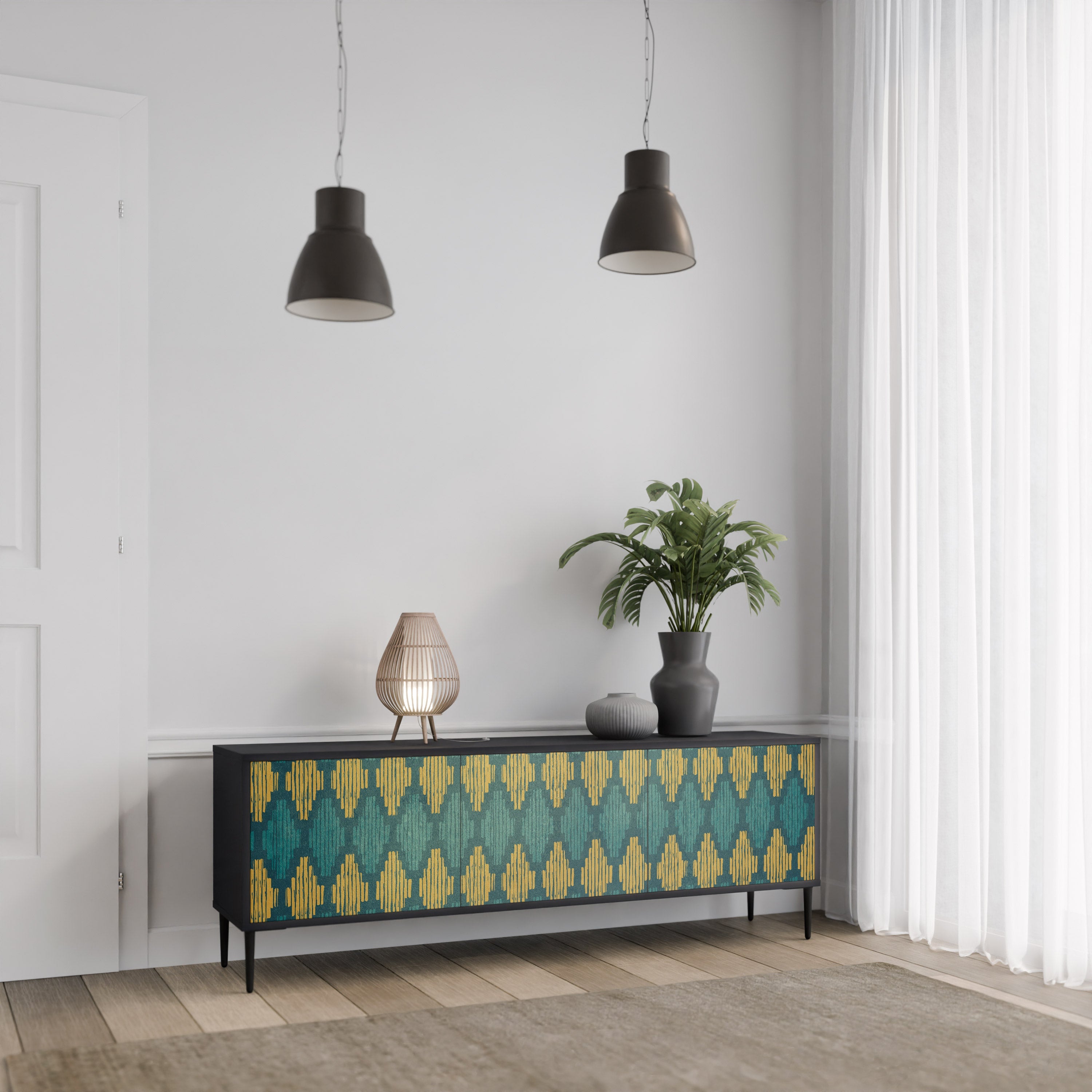 POLYGONS Móvel de TV com 3 Portas em Acabamento Preto