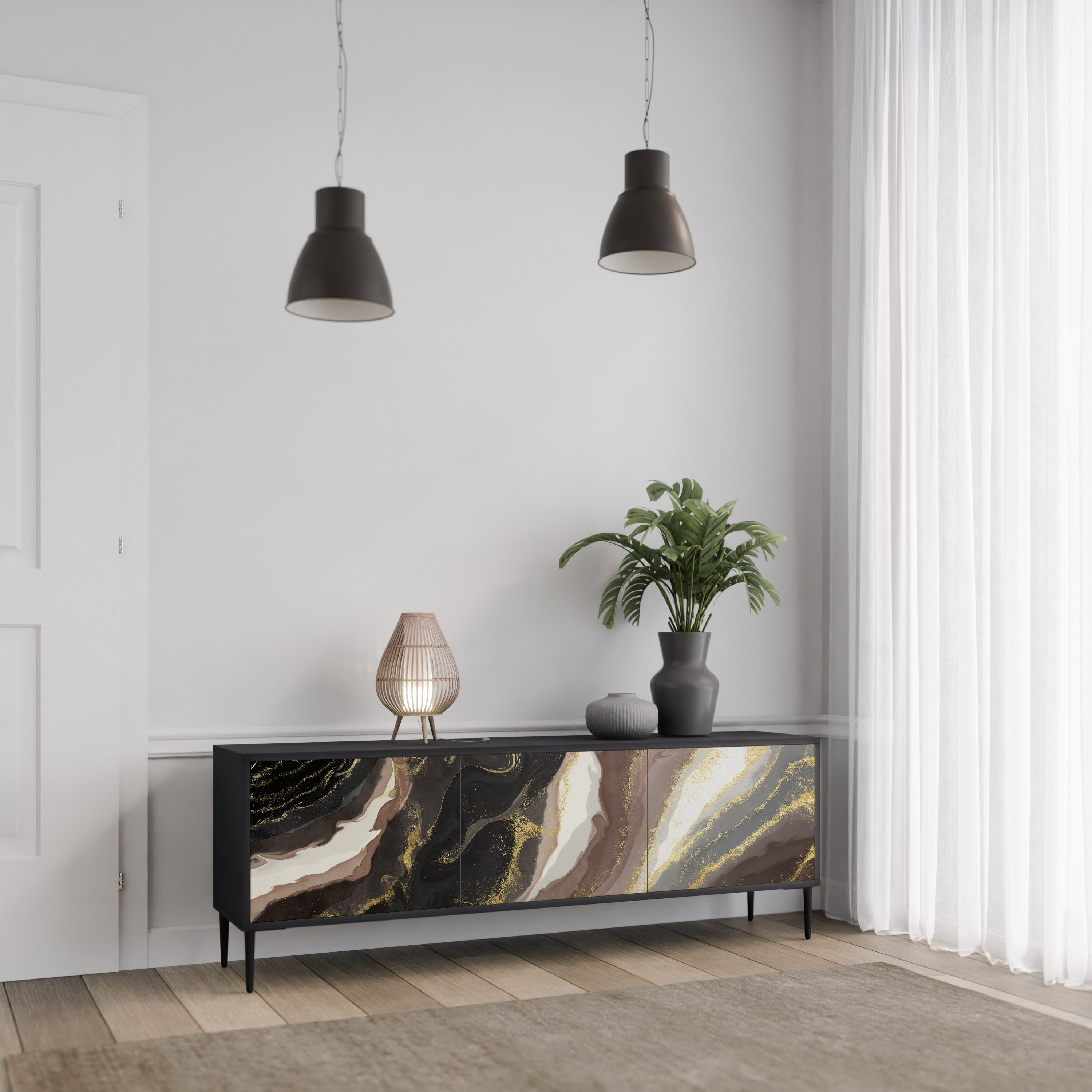 GOLD DUST Móvel de TV com 3 Portas em Acabamento Preto