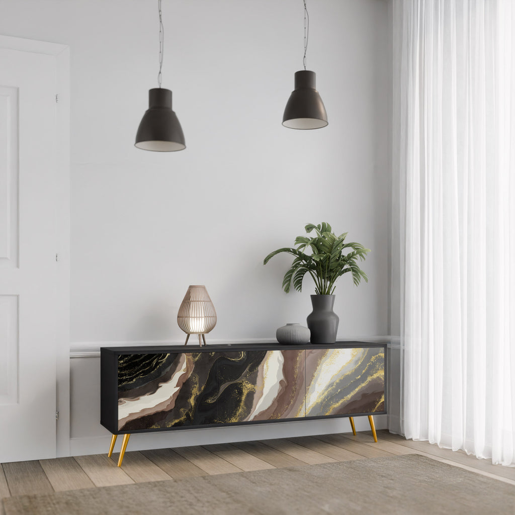 GOLD DUST Móvel de TV com 3 Portas em Acabamento Preto