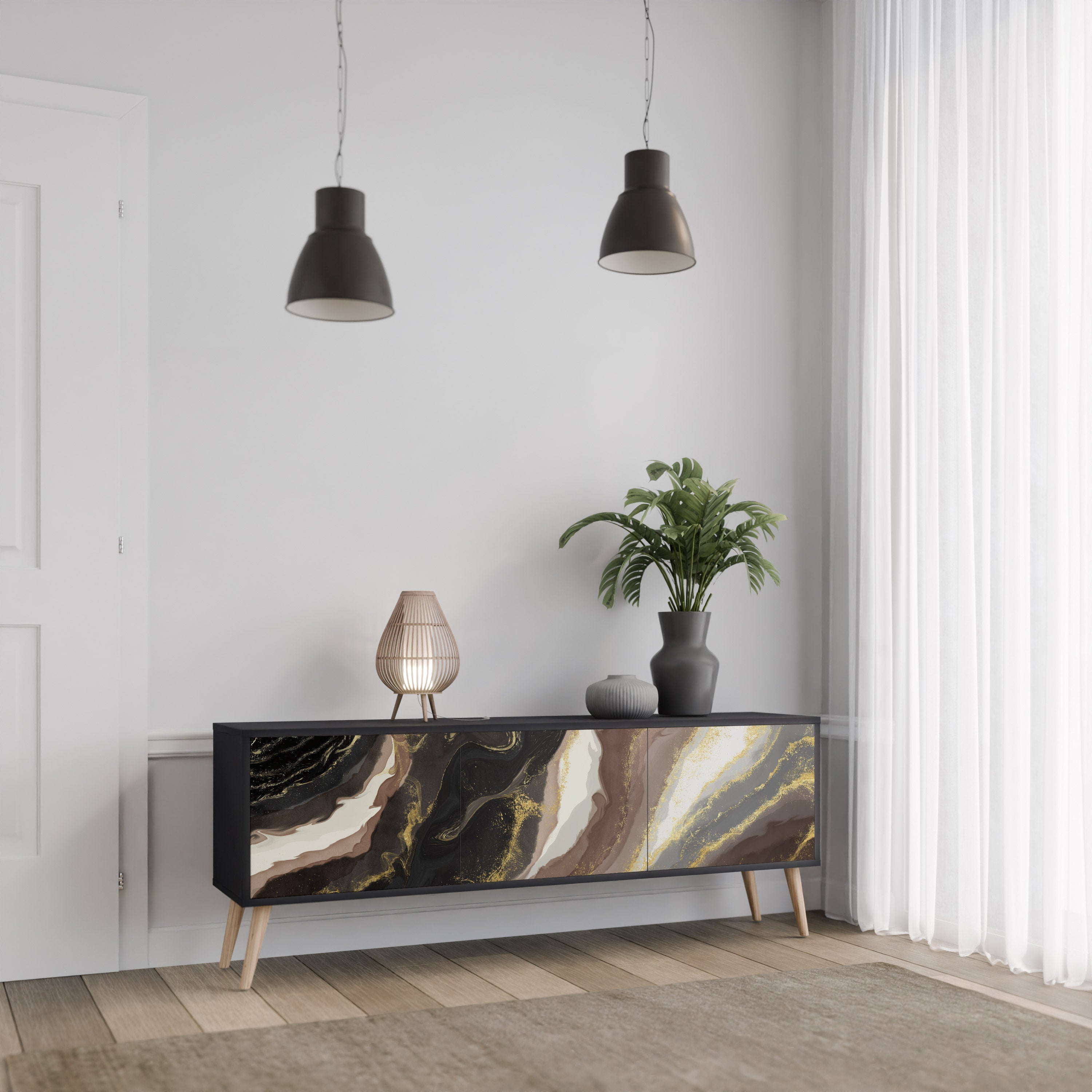 GOLD DUST Móvel de TV com 3 Portas em Acabamento Preto