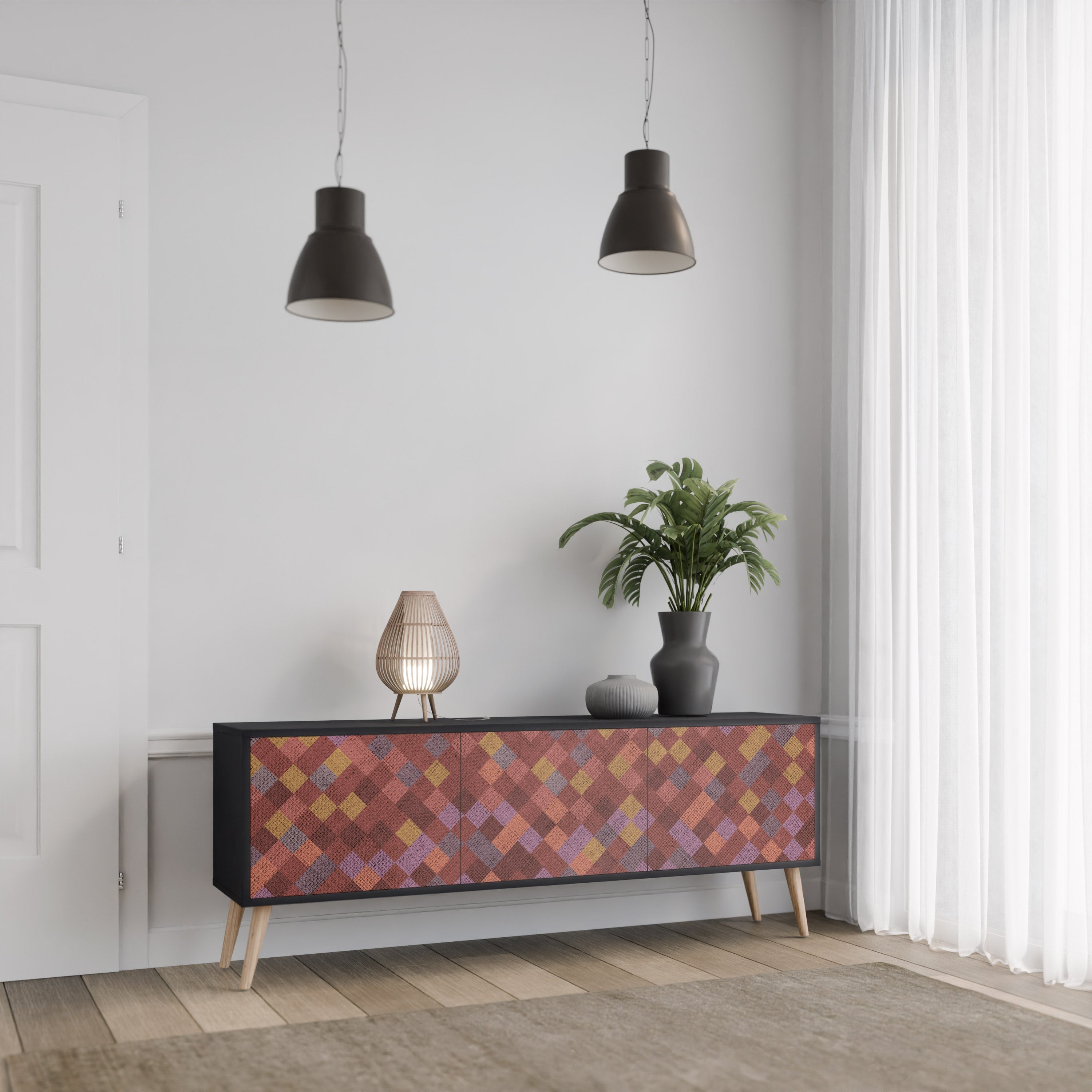 PAINTED SQUARES 3-Door TV Stand in Black Finish