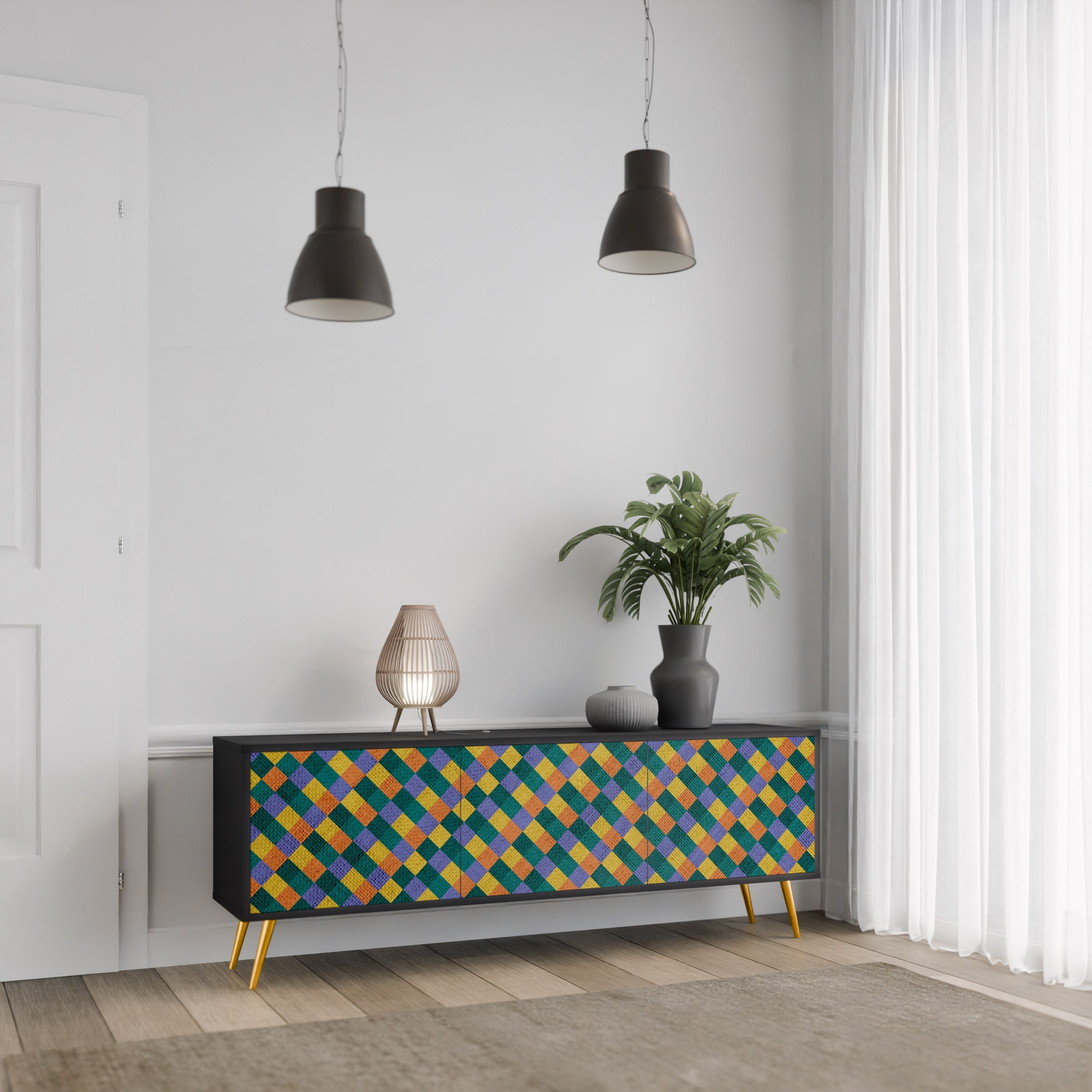 PAINTED SQUARES MIX 3-Door TV Stand in Black Finish