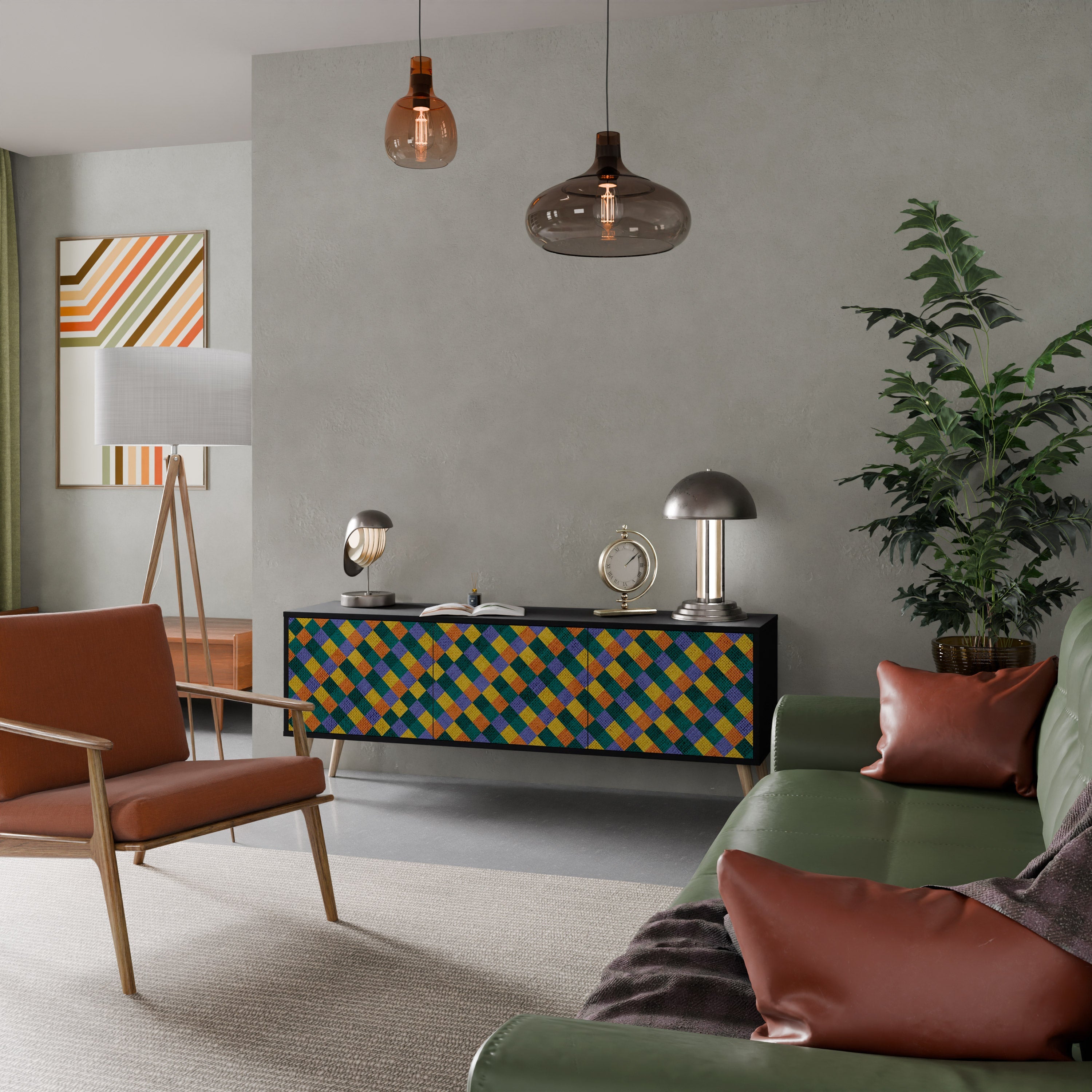 PAINTED SQUARES MIX 3-Door TV Stand in Black Finish