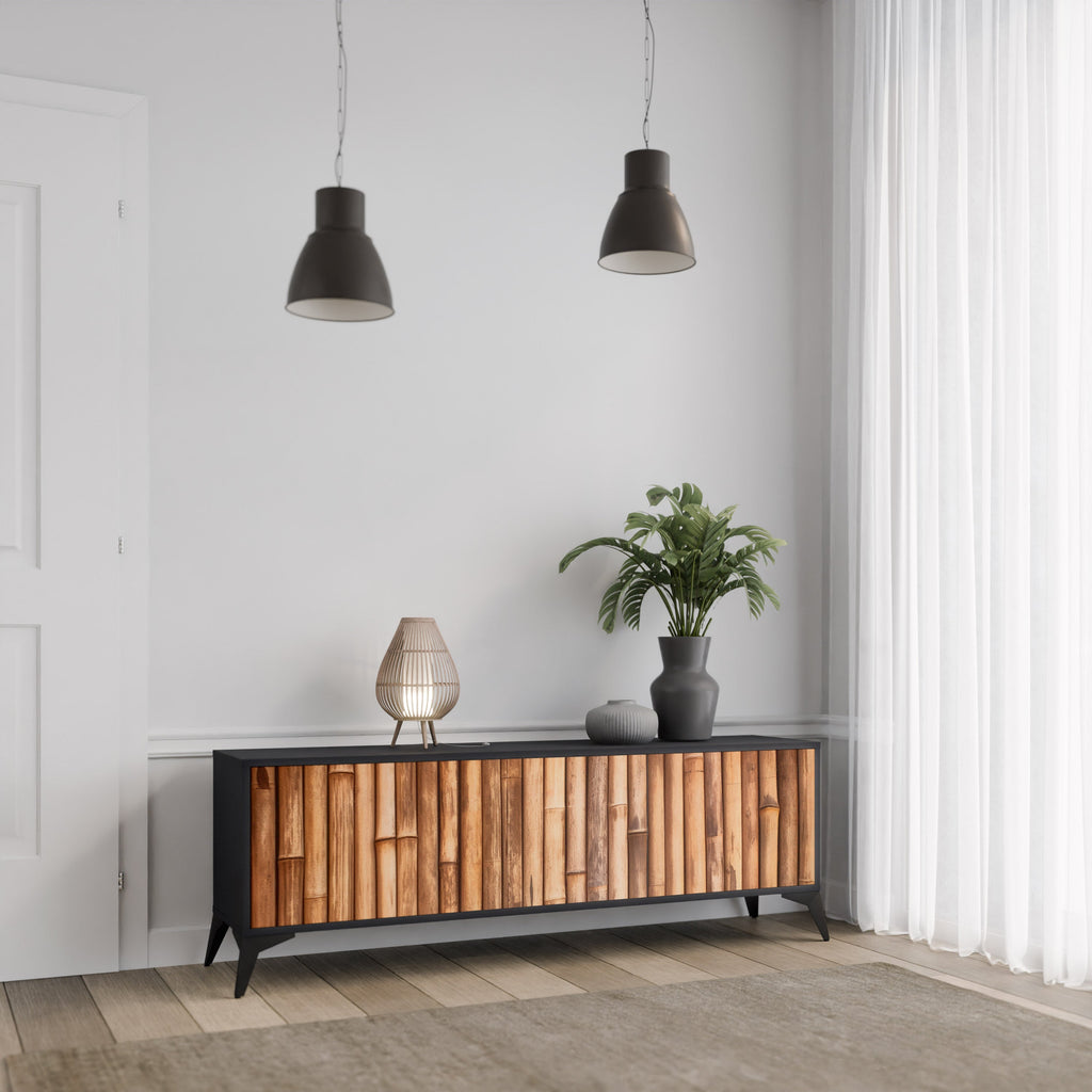 NATURAL WOOD 3-Door TV Stand in Black Finish