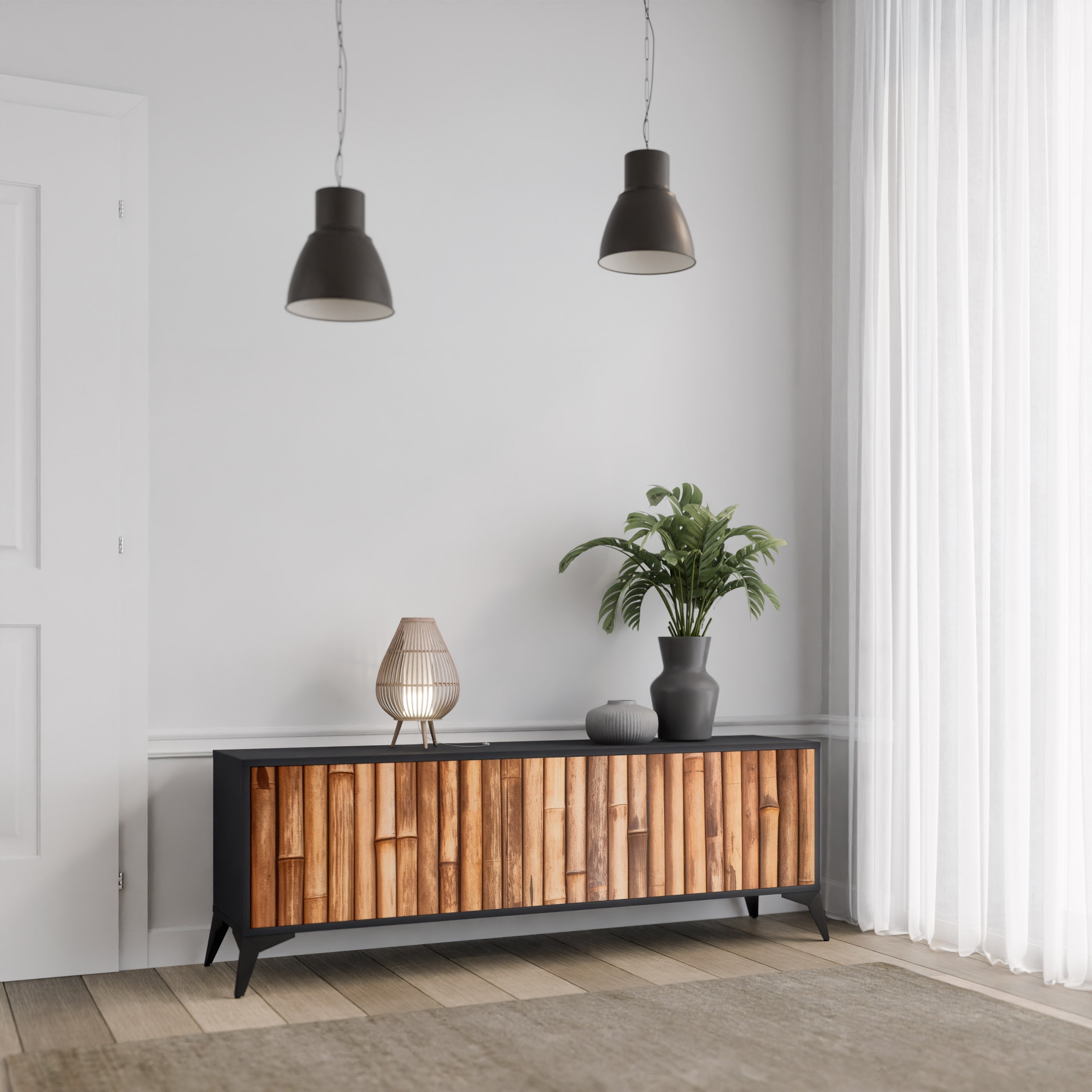 NATURAL WOOD 3-Door TV Stand in Black Finish