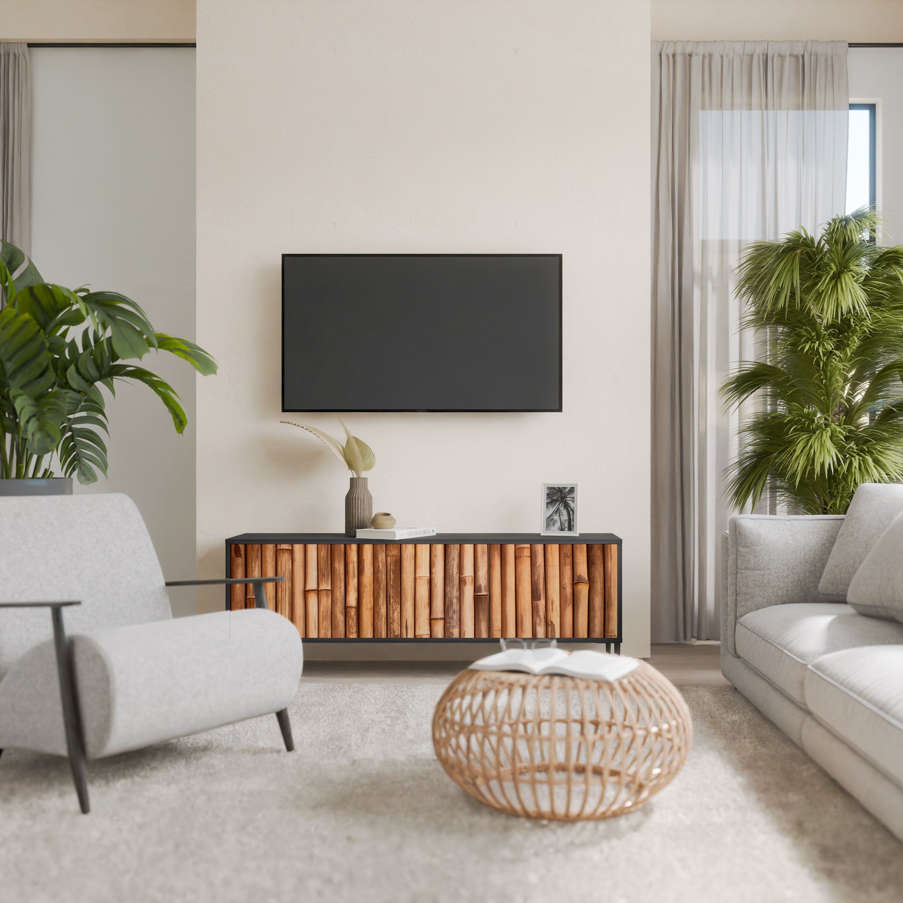 NATURAL WOOD Móvel de TV com 3 Portas em Acabamento Preto