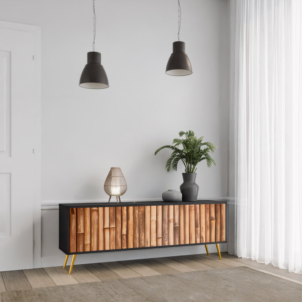 NATURAL WOOD 3-Door TV Stand in Black Finish