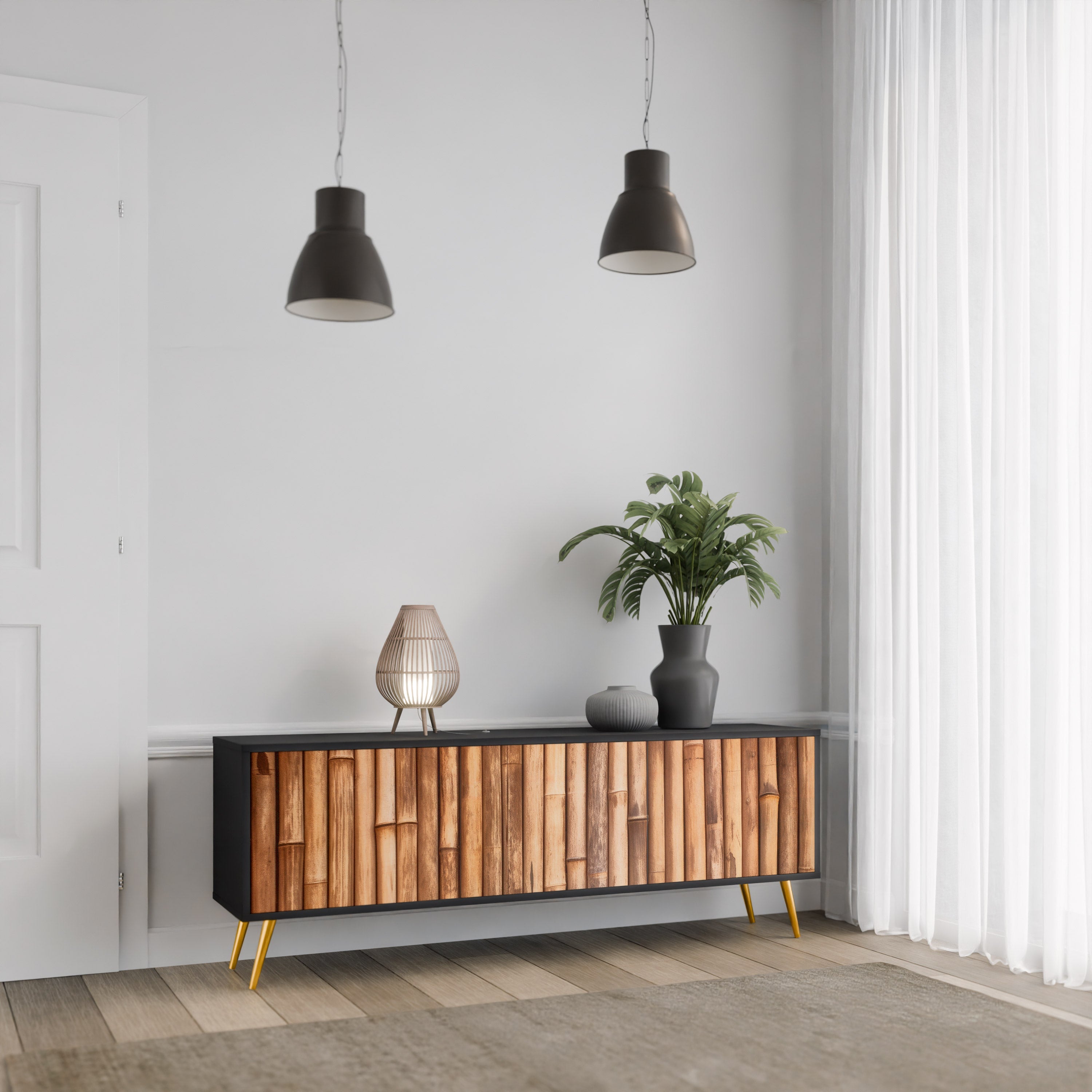 NATURAL WOOD 3-Door TV Stand in Black Finish