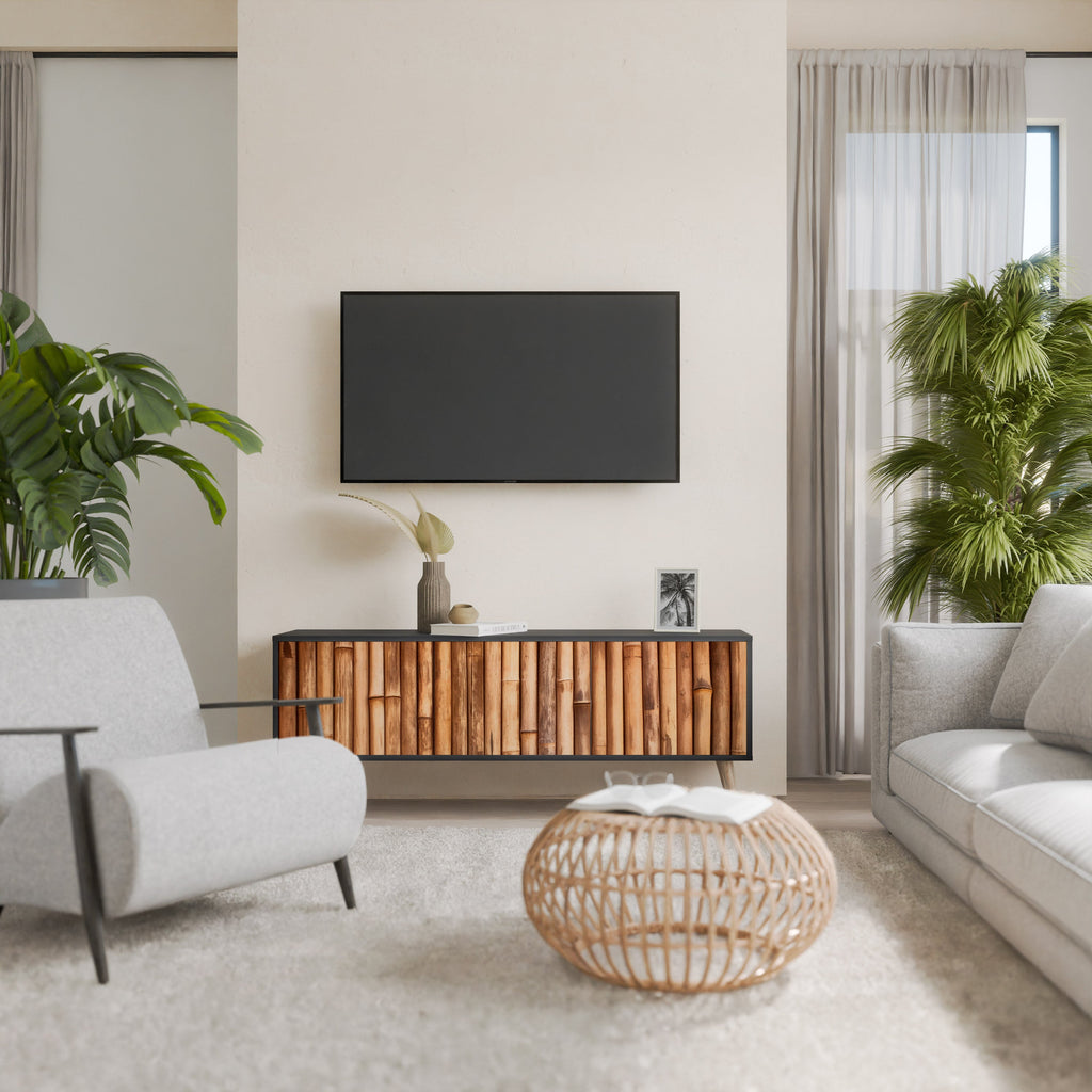 NATURAL WOOD 3-Door TV Stand in Black Finish