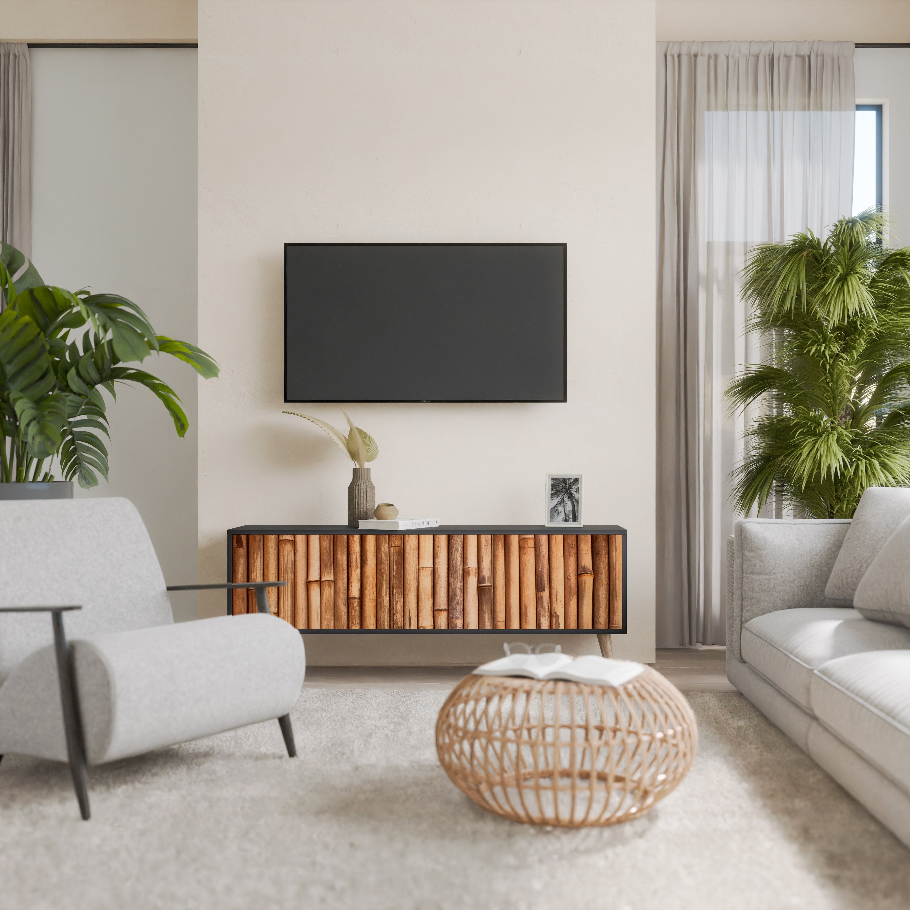 NATURAL WOOD 3-Door TV Stand in Black Finish