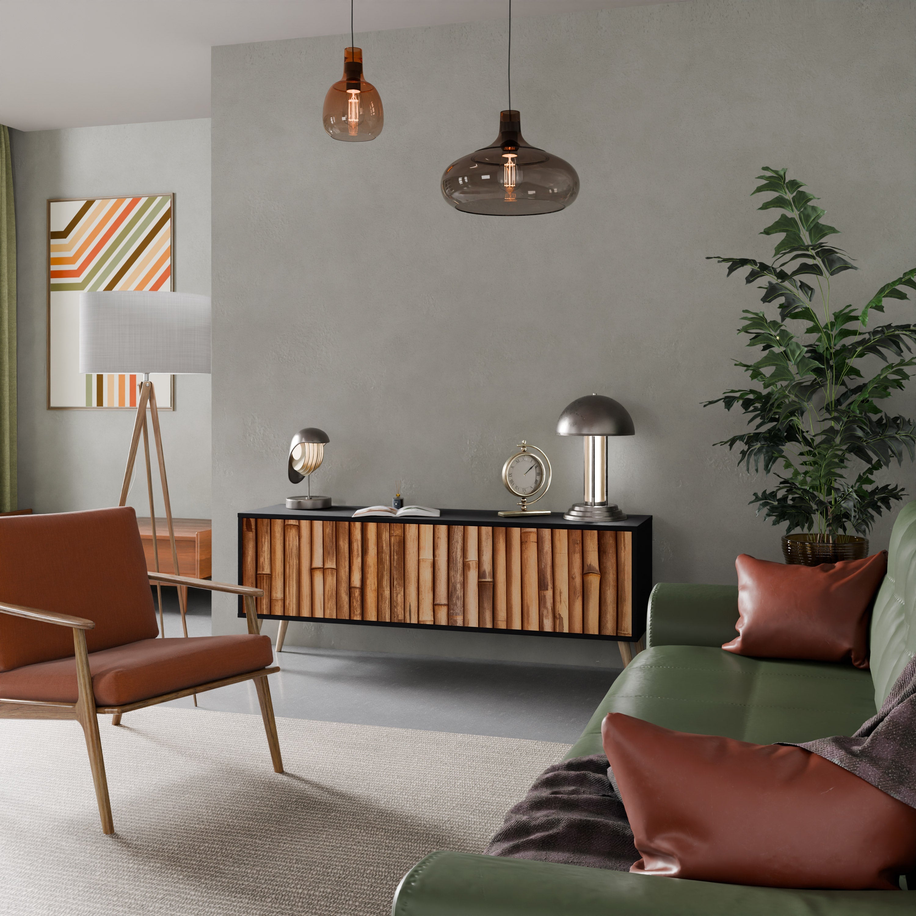 NATURAL WOOD 3-Door TV Stand in Black Finish