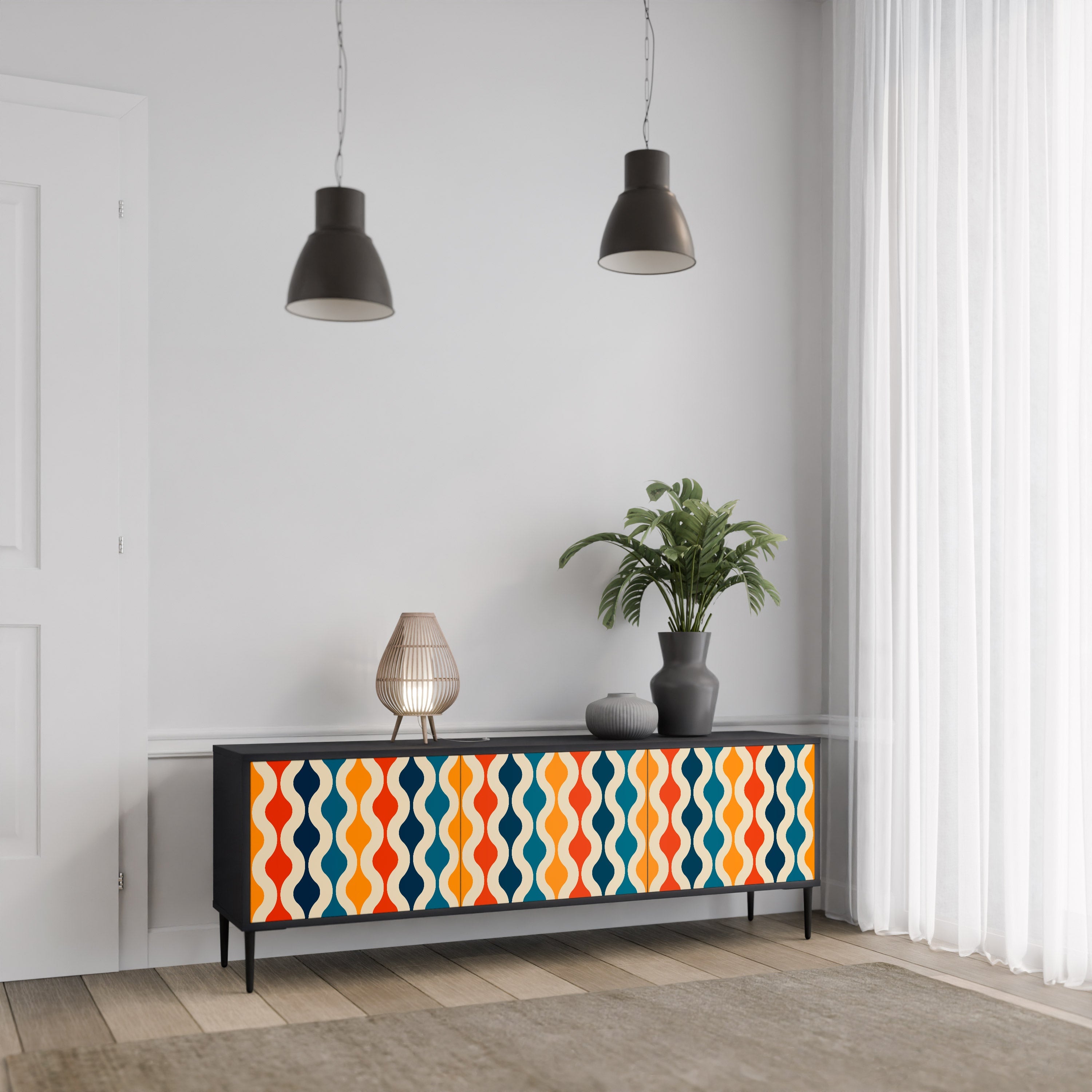 COLORFUL NOSTALGIA 3-Door TV Stand in Black Finish