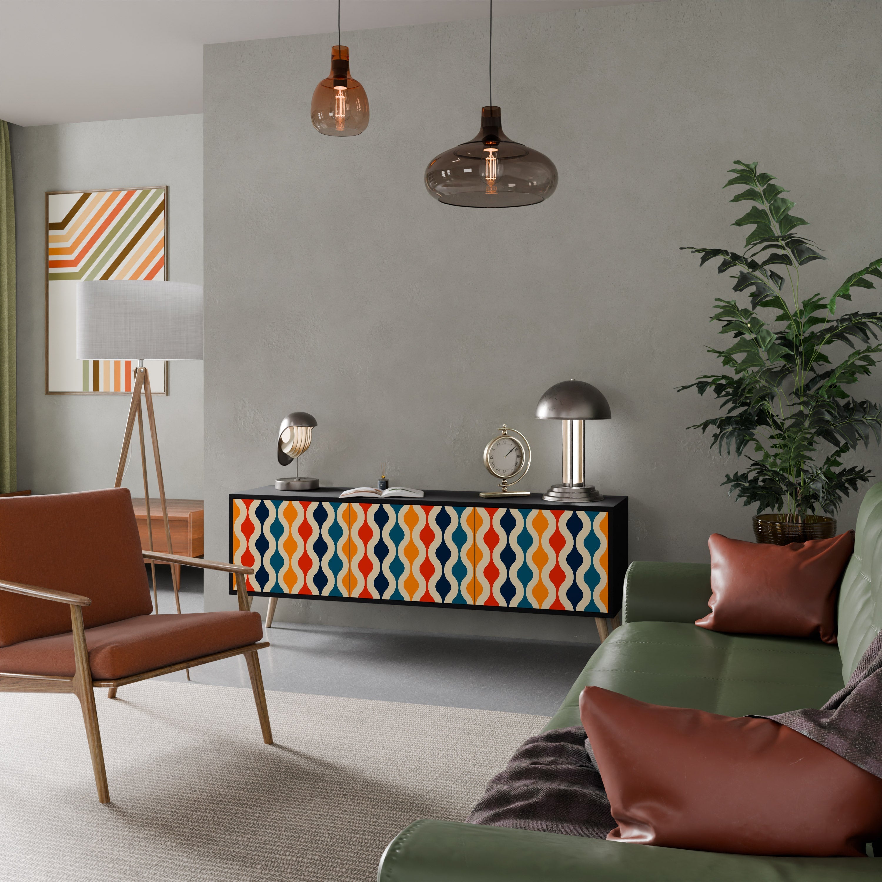 COLORFUL NOSTALGIA 3-Door TV Stand in Black Finish