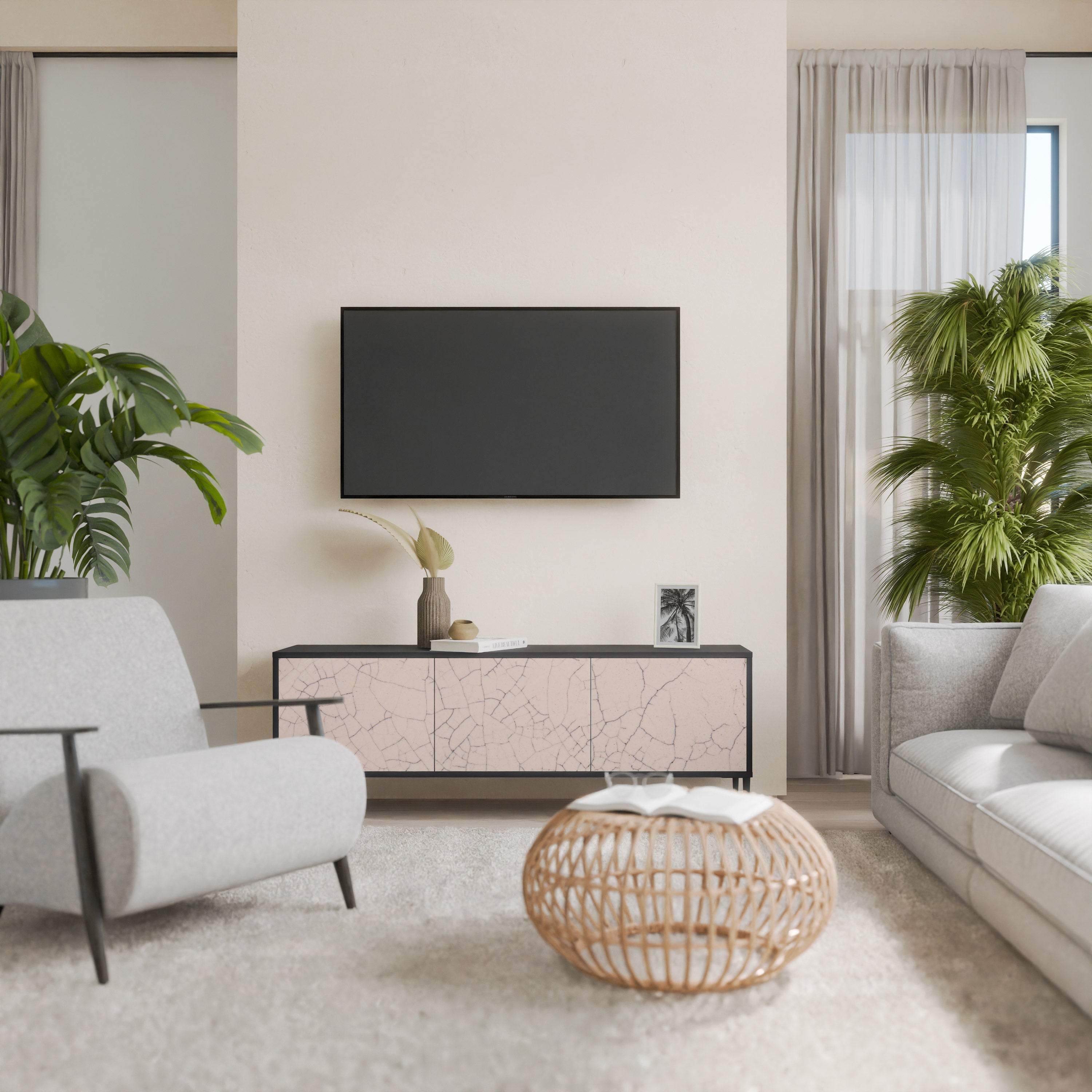 CERAMIC TEXTURE Móvel de TV com 3 Portas em Acabamento Preto