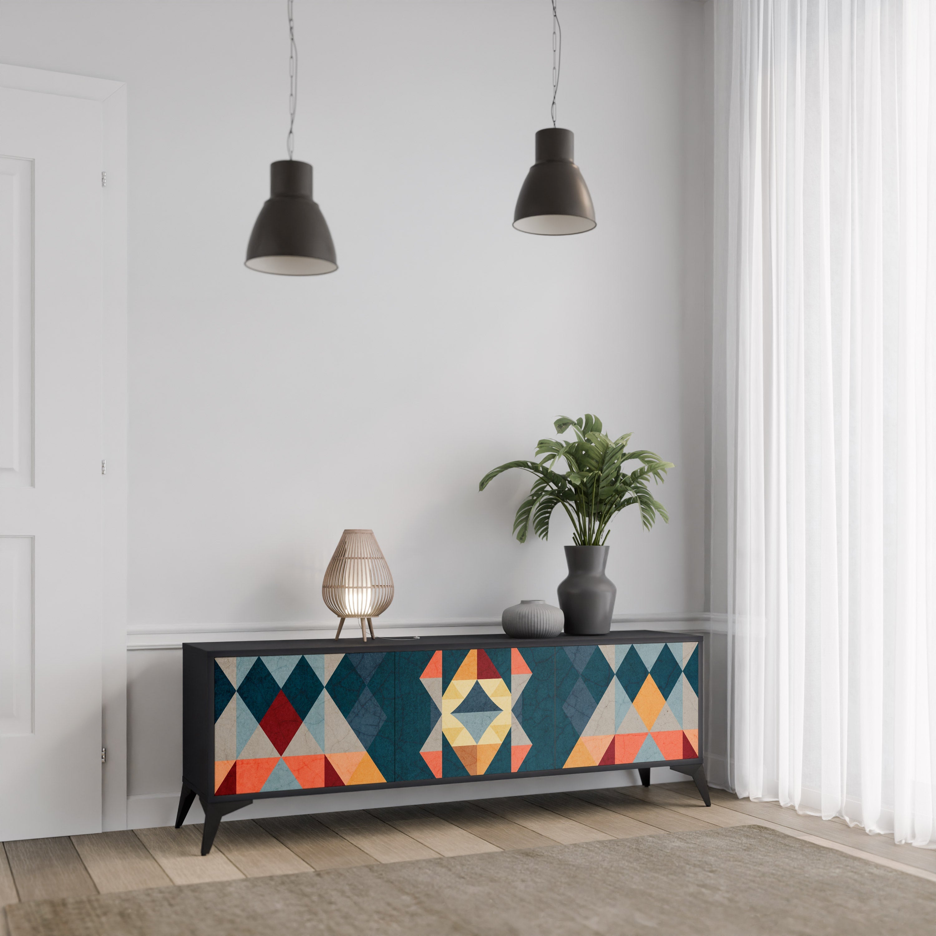 CRACKED ILLUSION 3-Door TV Stand in Black Finish