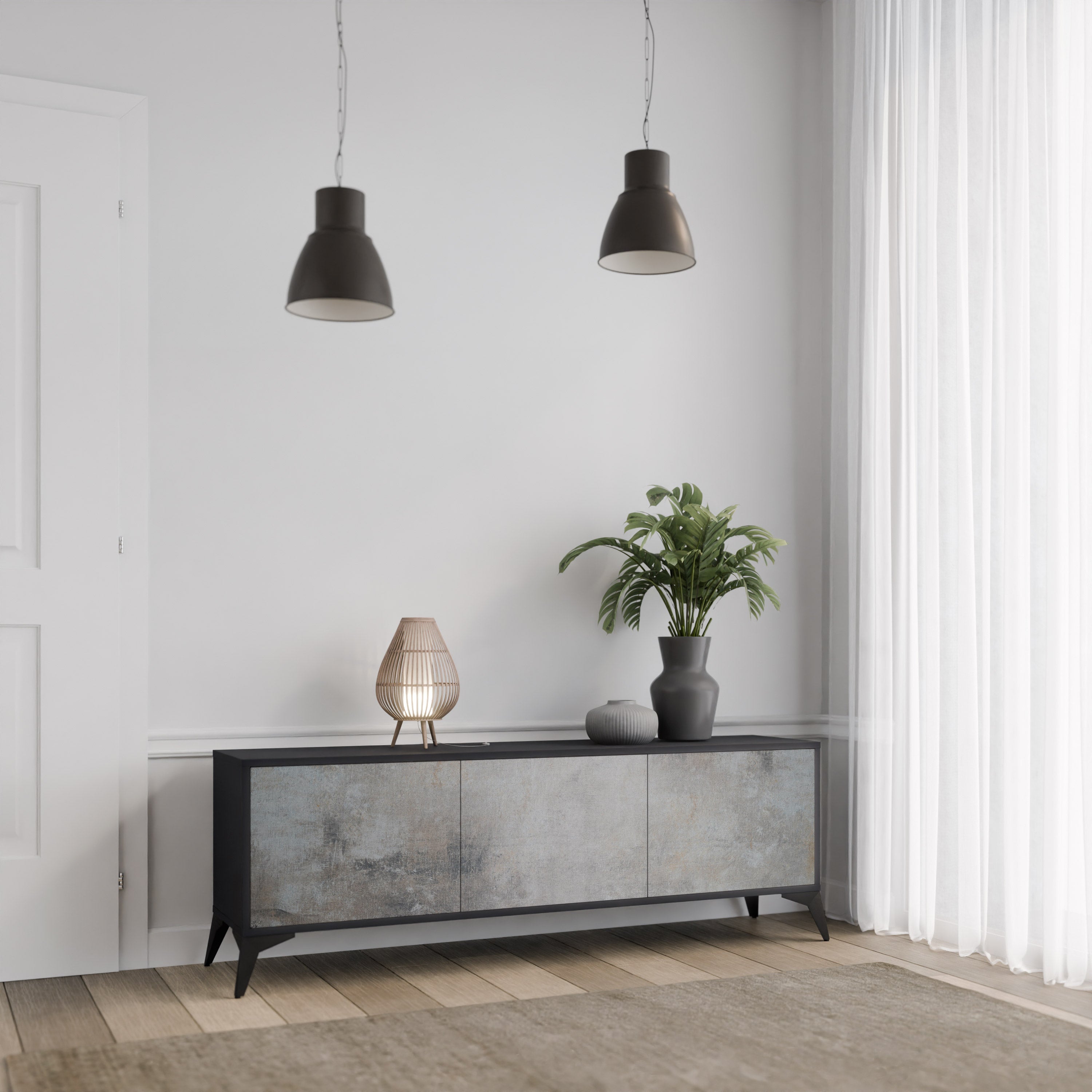 CONCRETE WALL 3-Door TV Stand in Black Finish