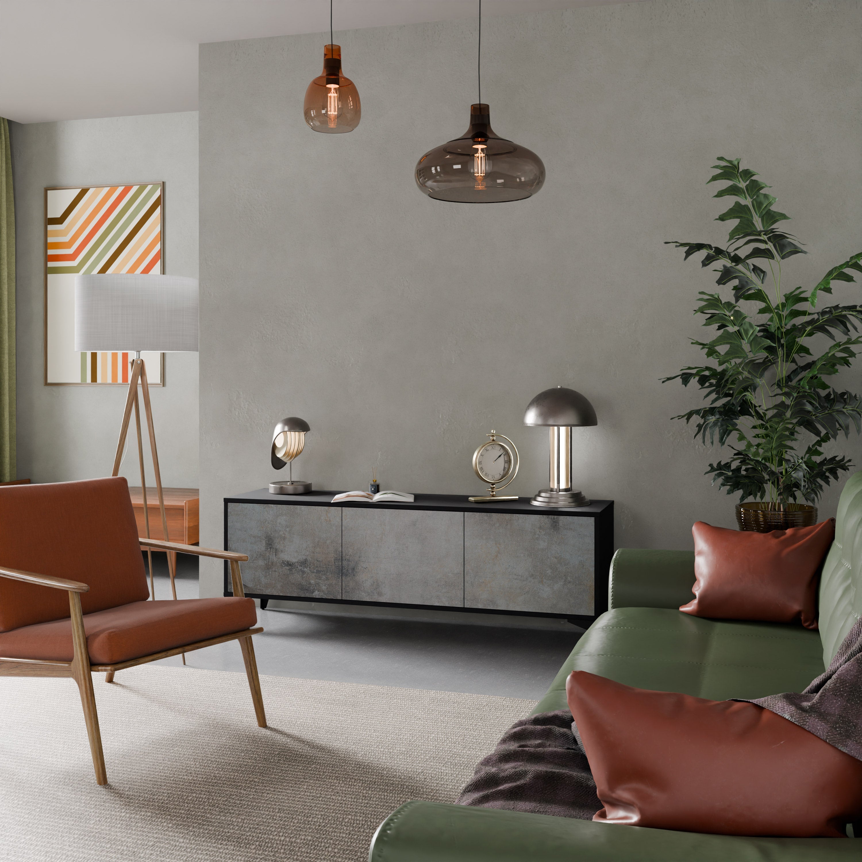 CONCRETE WALL 3-Door TV Stand in Black Finish