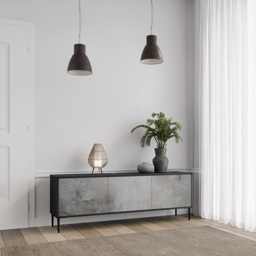 CONCRETE WALL 3-Door TV Stand in Black Finish