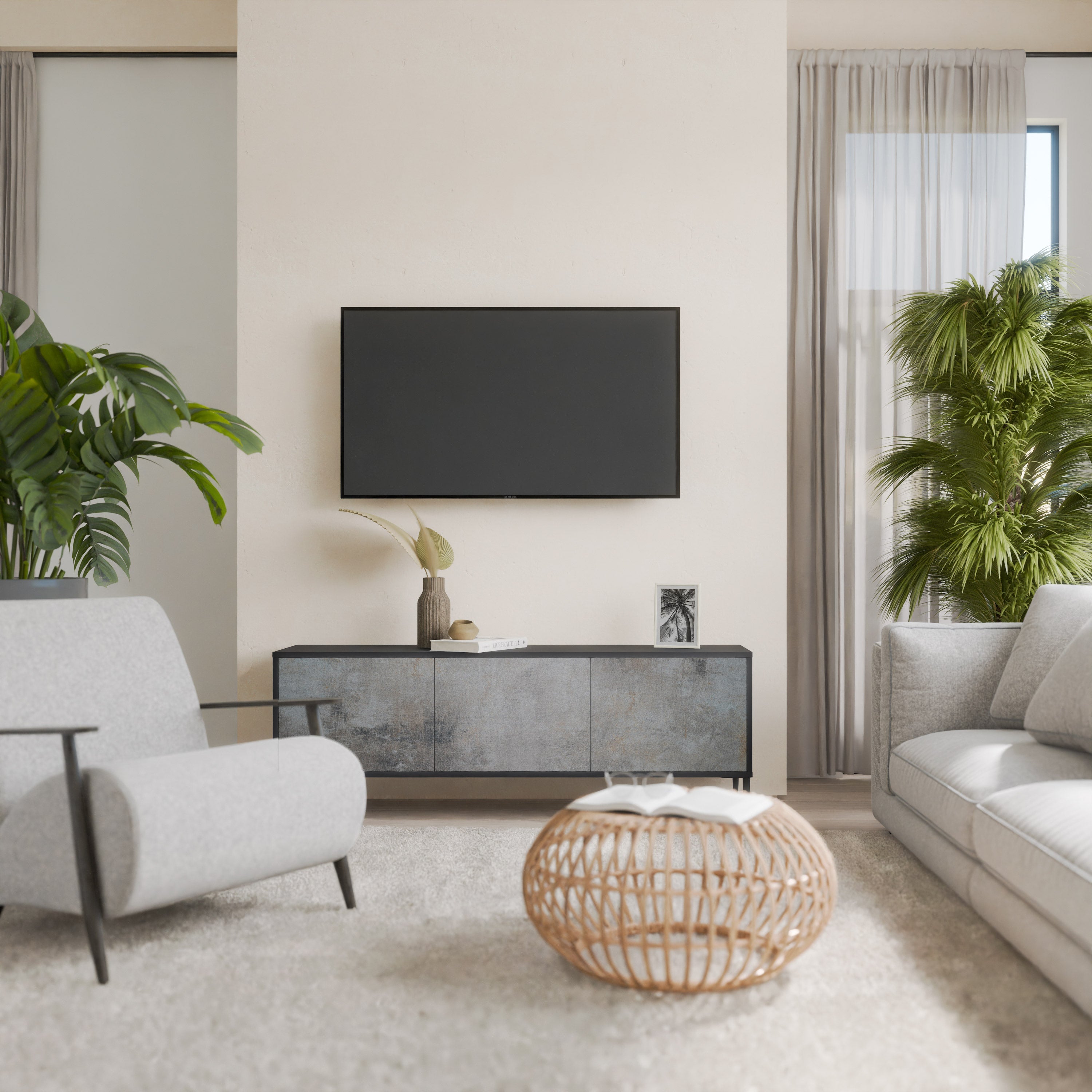 CONCRETE WALL Móvel de TV com 3 Portas em Acabamento Preto