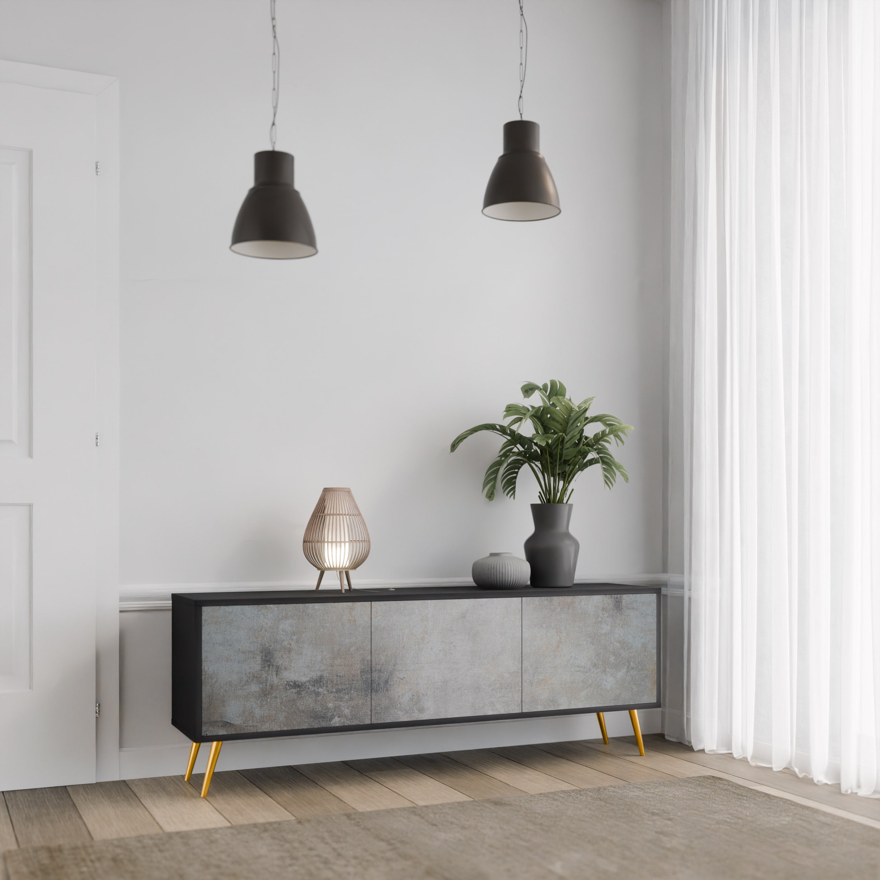 CONCRETE WALL 3-Door TV Stand in Black Finish