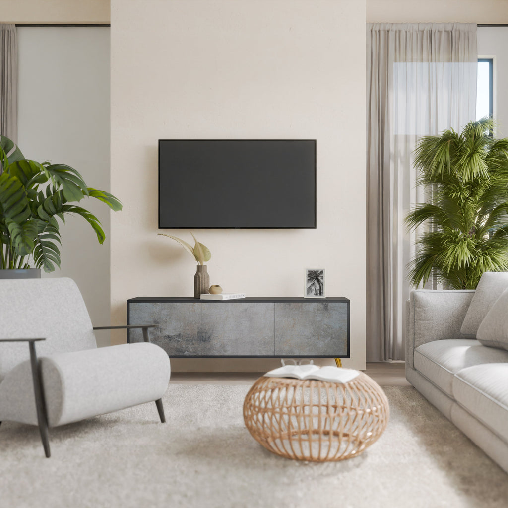 CONCRETE WALL 3-Door TV Stand in Black Finish