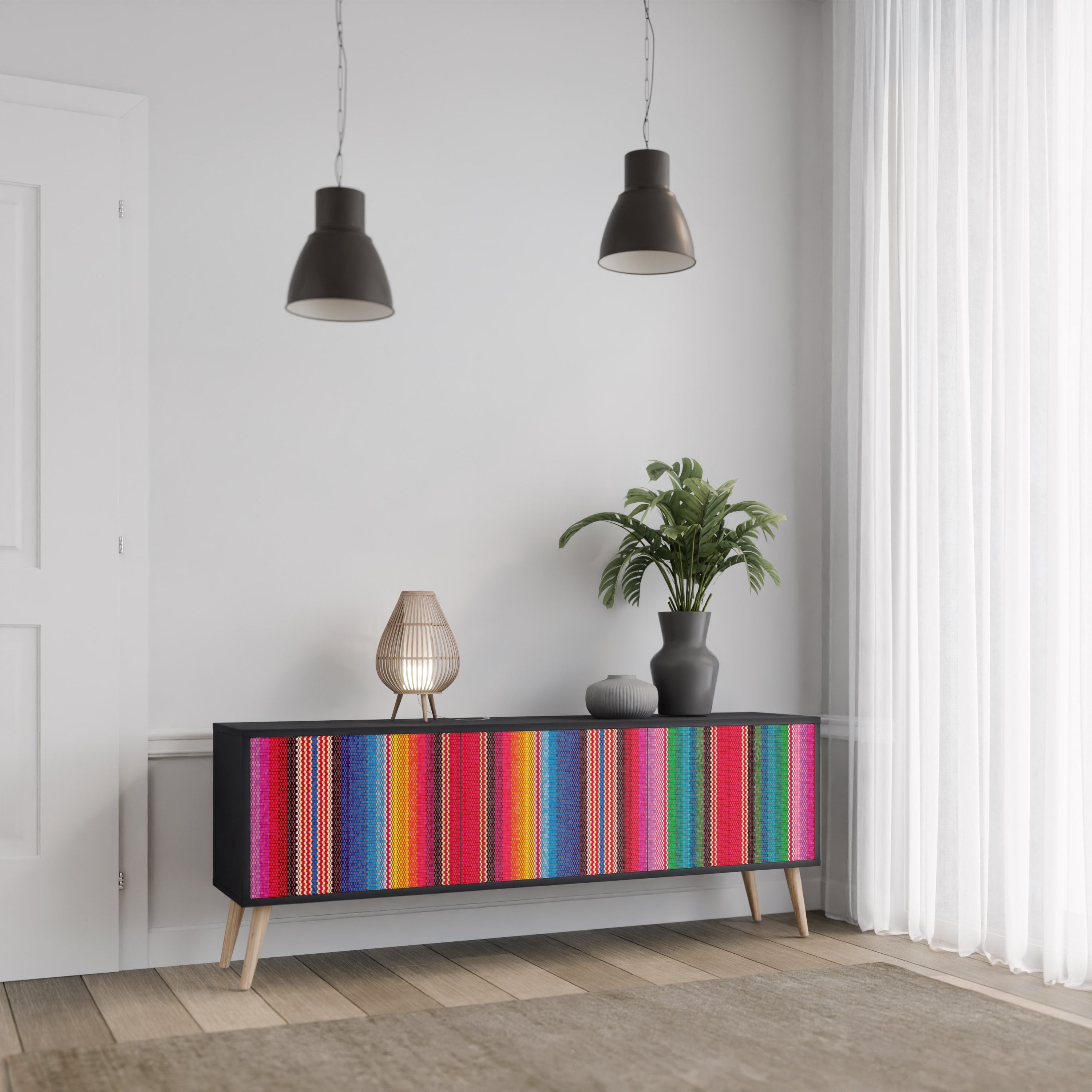 ETHNIC MEXICAN Móvel de TV com 3 Portas em Acabamento Preto