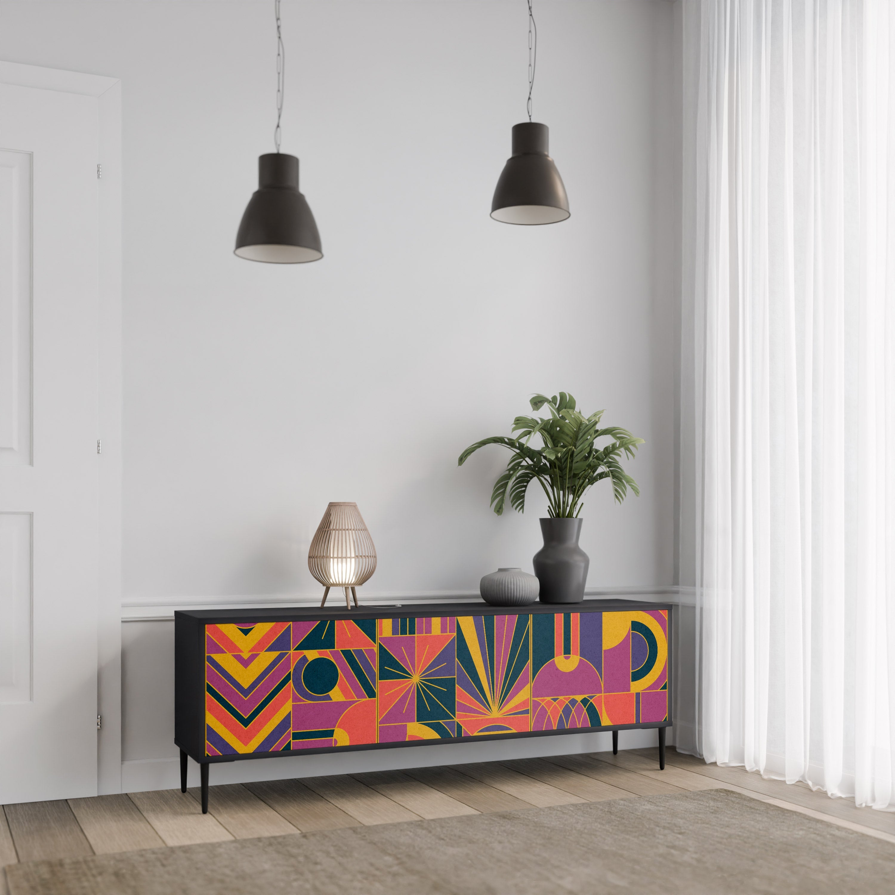 ELECTRIC PATTERNS Móvel de TV com 3 Portas em Acabamento Preto