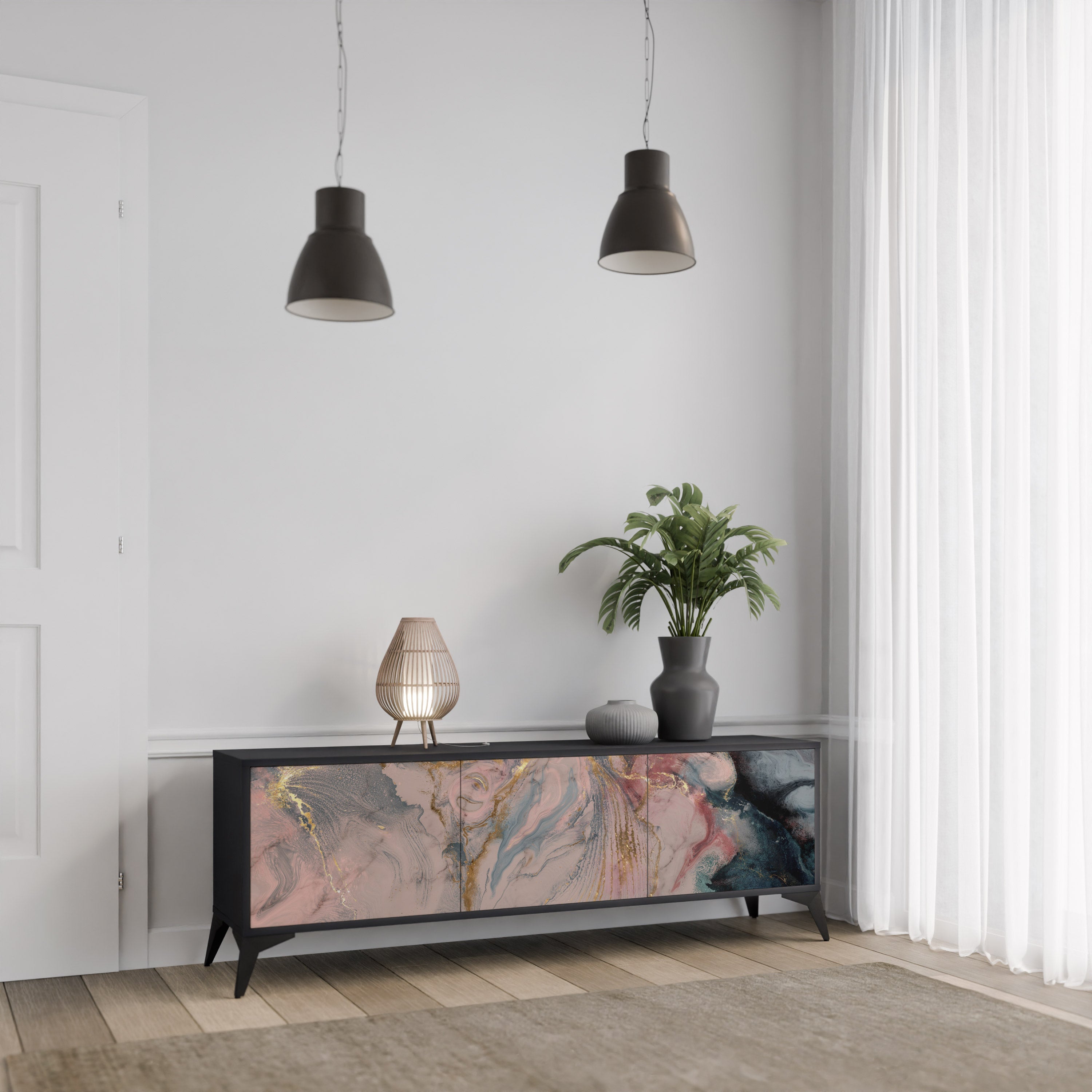 GILDED SWIRLS Móvel de TV com 3 Portas em Acabamento Preto