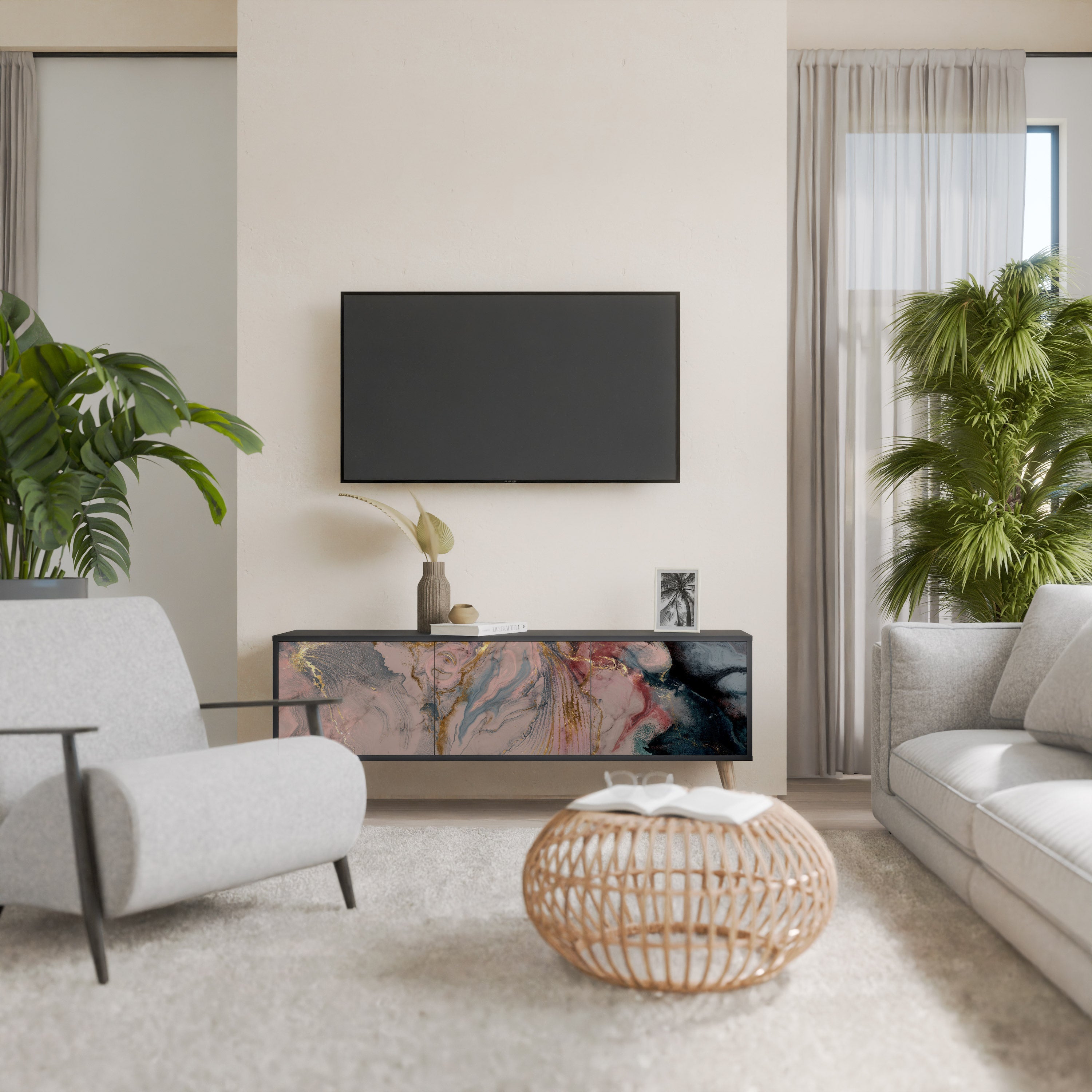 GILDED SWIRLS Móvel de TV com 3 Portas em Acabamento Preto