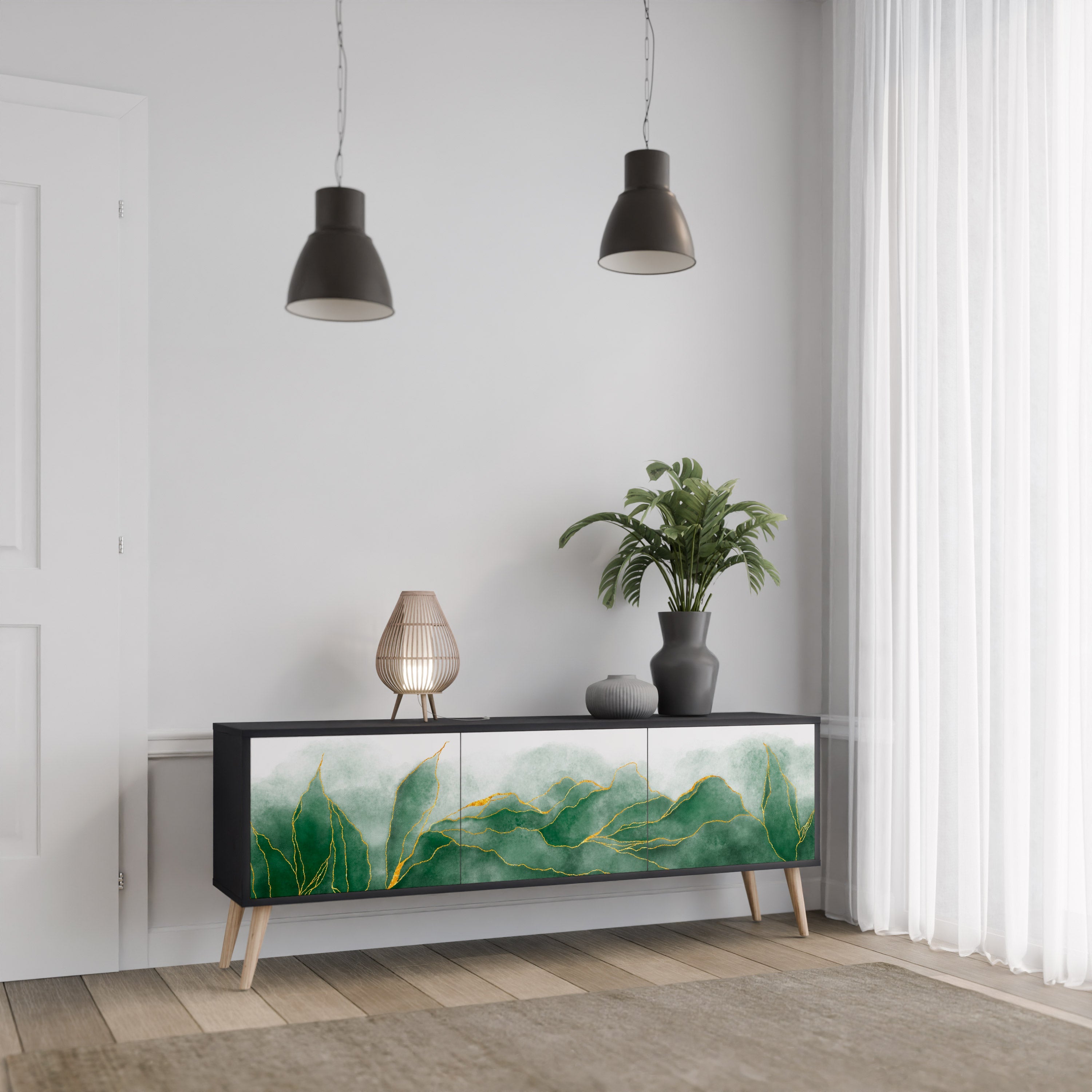 EXPENSIVE NATURE Móvel de TV com 3 Portas em Acabamento Preto